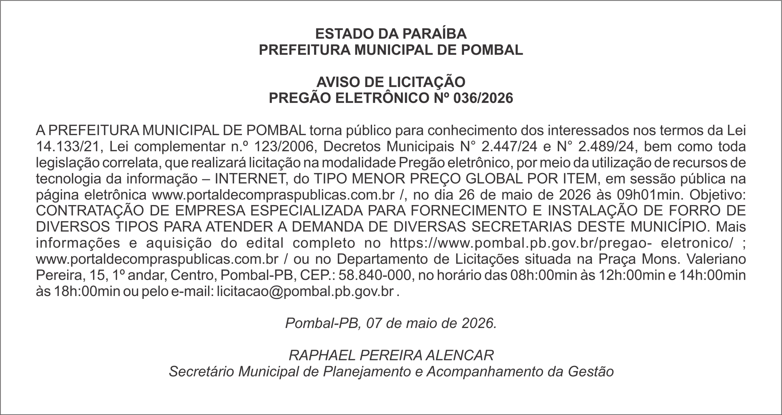 PREFEITURA MUNICIPAL DE POMBAL – AVISO DE LICITAÇÃO PREGÃO ELETRÔNICO Nº 036/2026