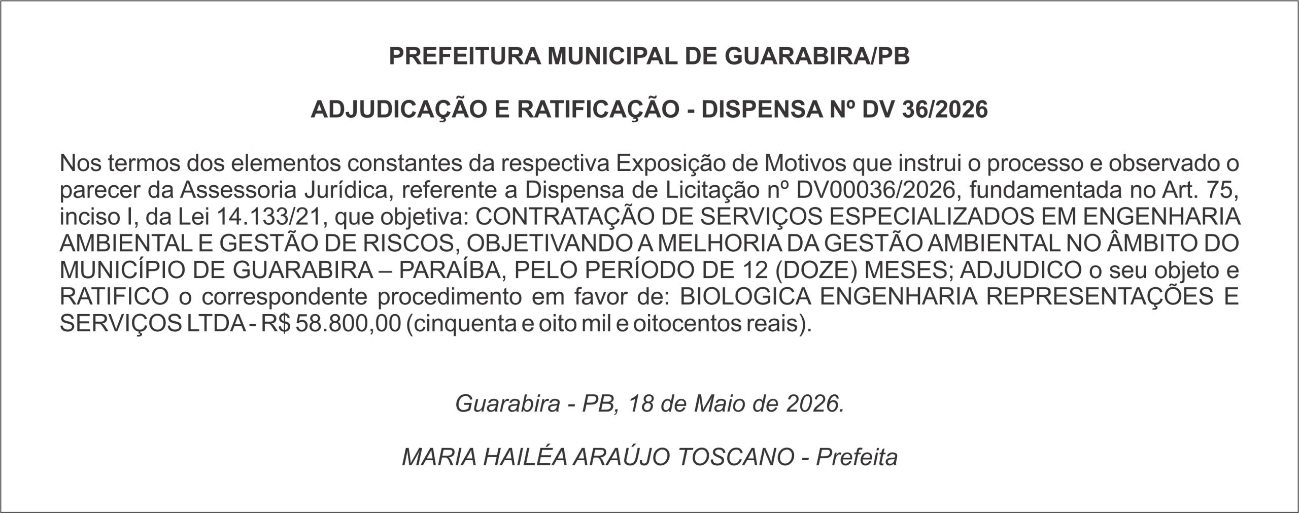 PREFEITURA MUNICIPAL DE GUARABIRA/PB – ADJUDICAÇÃO E RATIFICAÇÃO – DISPENSA Nº DV 36/2026