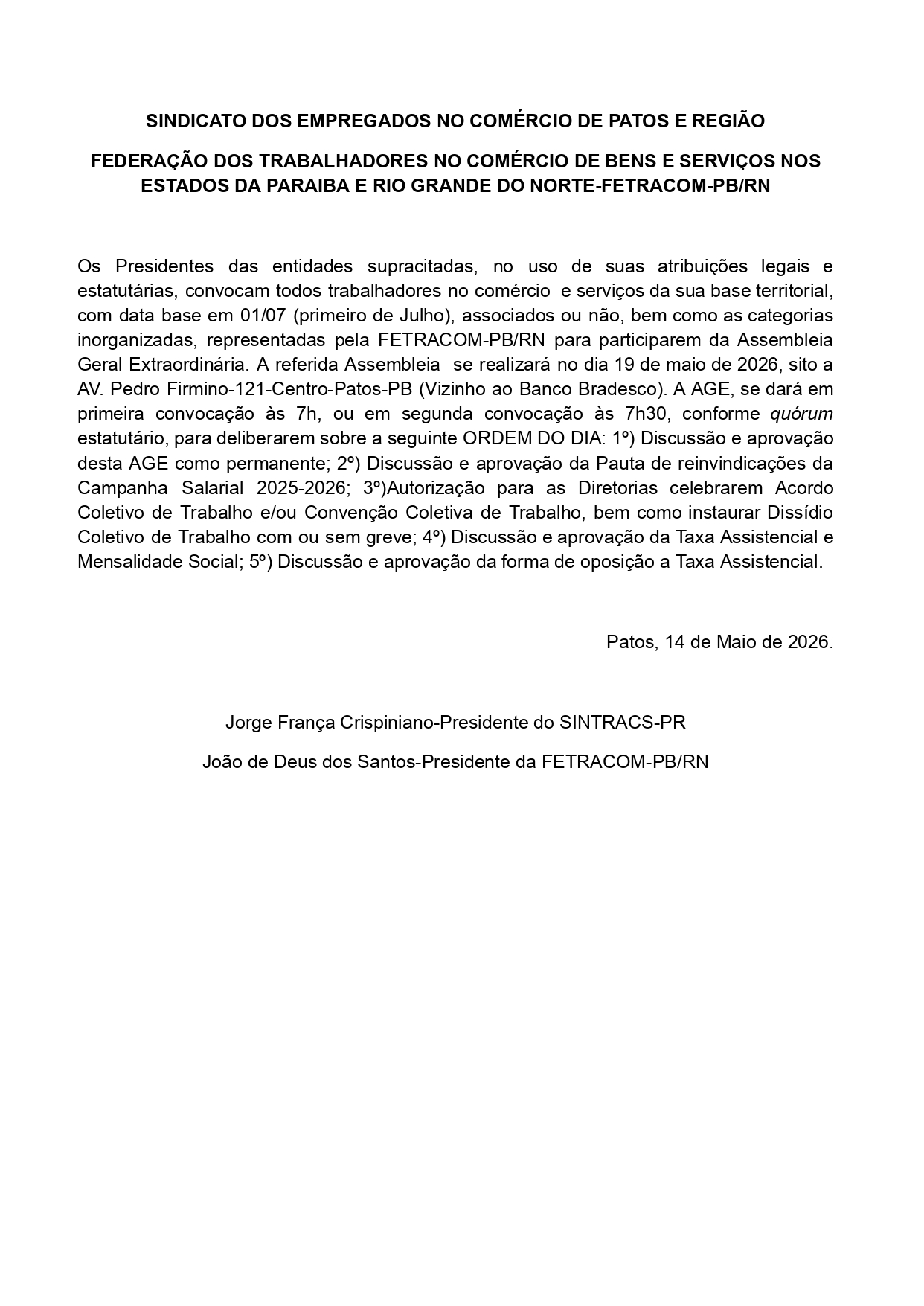 SINTRACS-PR – EDITAL DE ASSEMBLEIA GERAL EXTRAORDINÁRIA