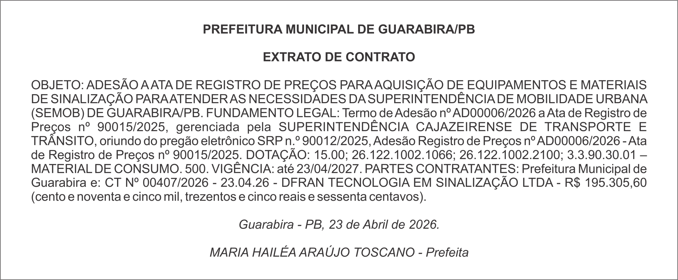 PREFEITURA MUNICIPAL DE GUARABIRA/PB EXTRATO DE CONTRATO