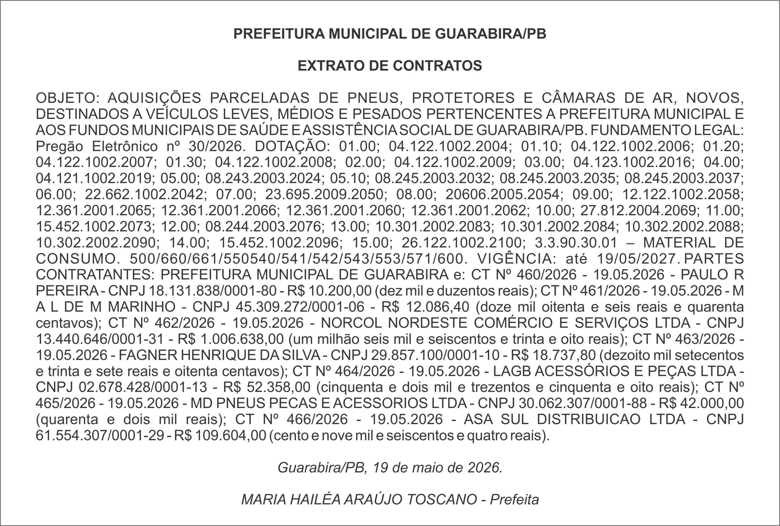 PREFEITURA MUNICIPAL DE GUARABIRA/PB – EXTRATO DE CONTRATOS