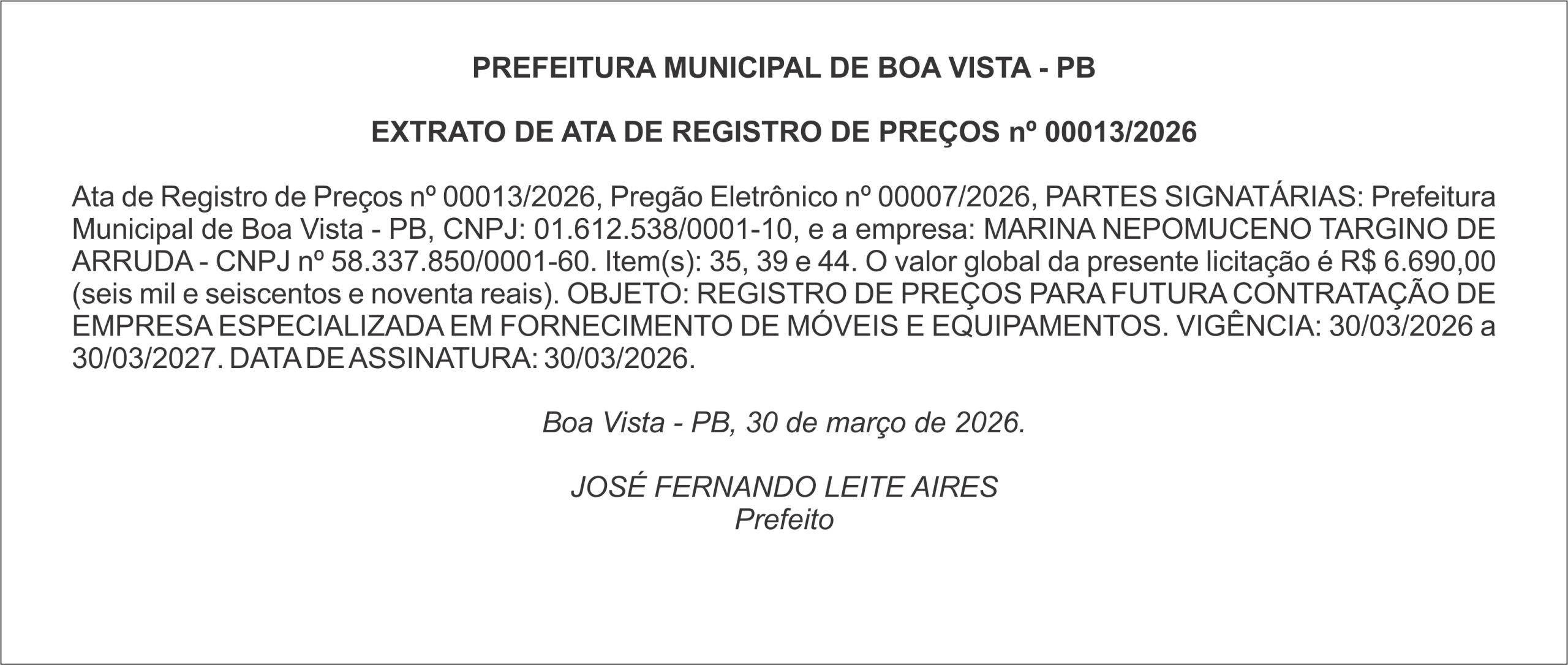 PREFEITURA MUNICIPAL DE BOA VISTA – PB – EXTRATO DE ATA DE REGISTRO DE PREÇOS nº 013/2026