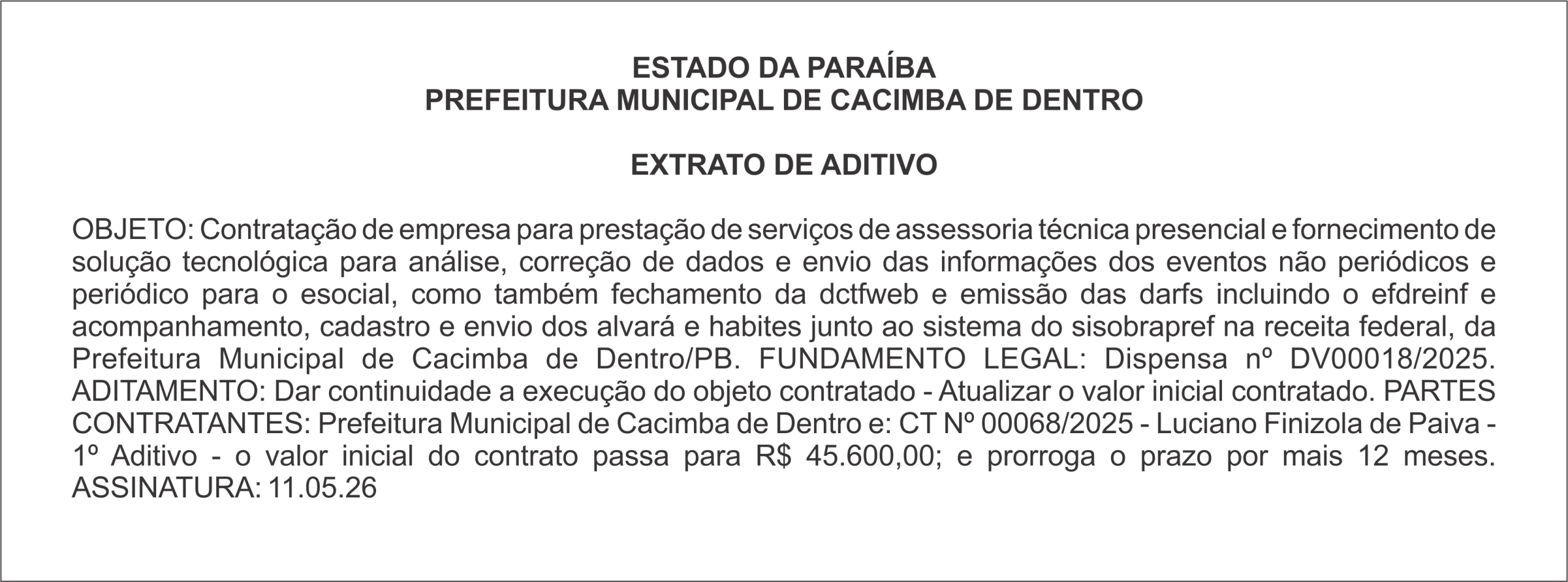 PREFEITURA MUNICIPAL DE CACIMBA DE DENTRO – EXTRATO DE ADITIVO
