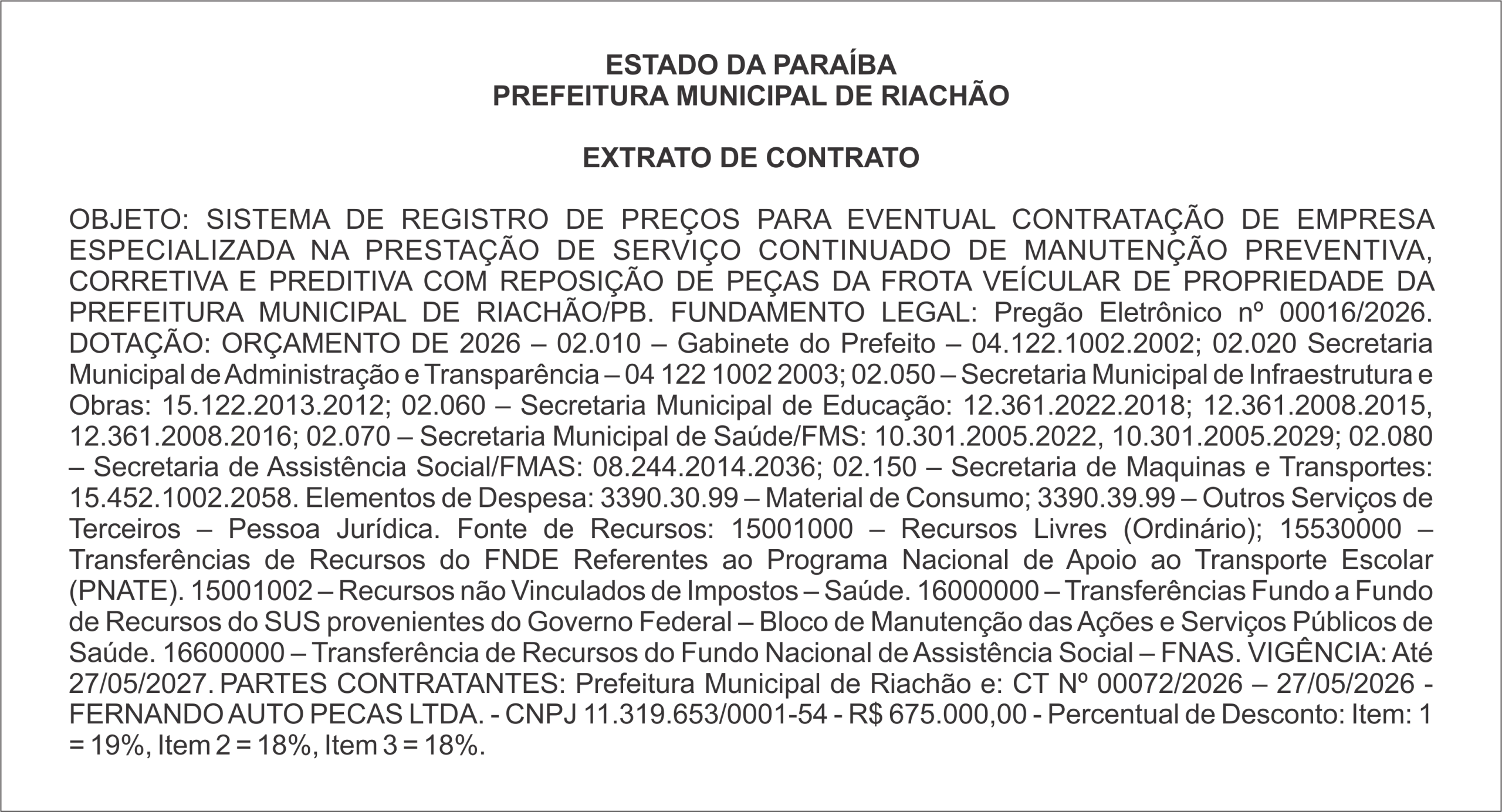 PREFEITURA MUNICIPAL DE RIACHÃO – EXTRATO DE CONTRATO