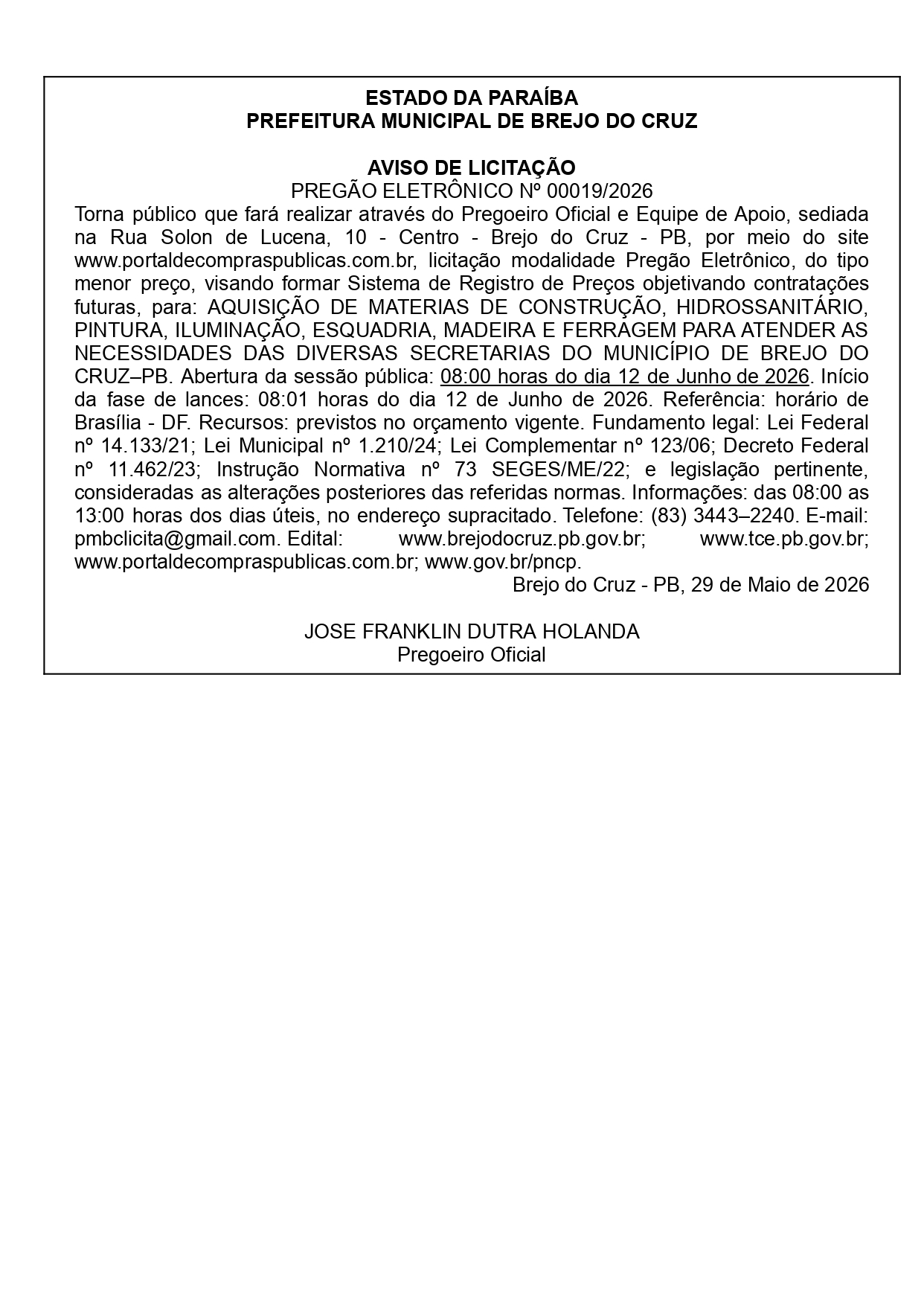 PREFEITURA MUNICIPAL DE BREJO DO CRUZ – AVISO DE LICITAÇÃO PREGÃO ELETRÔNICO Nº 00019/2026