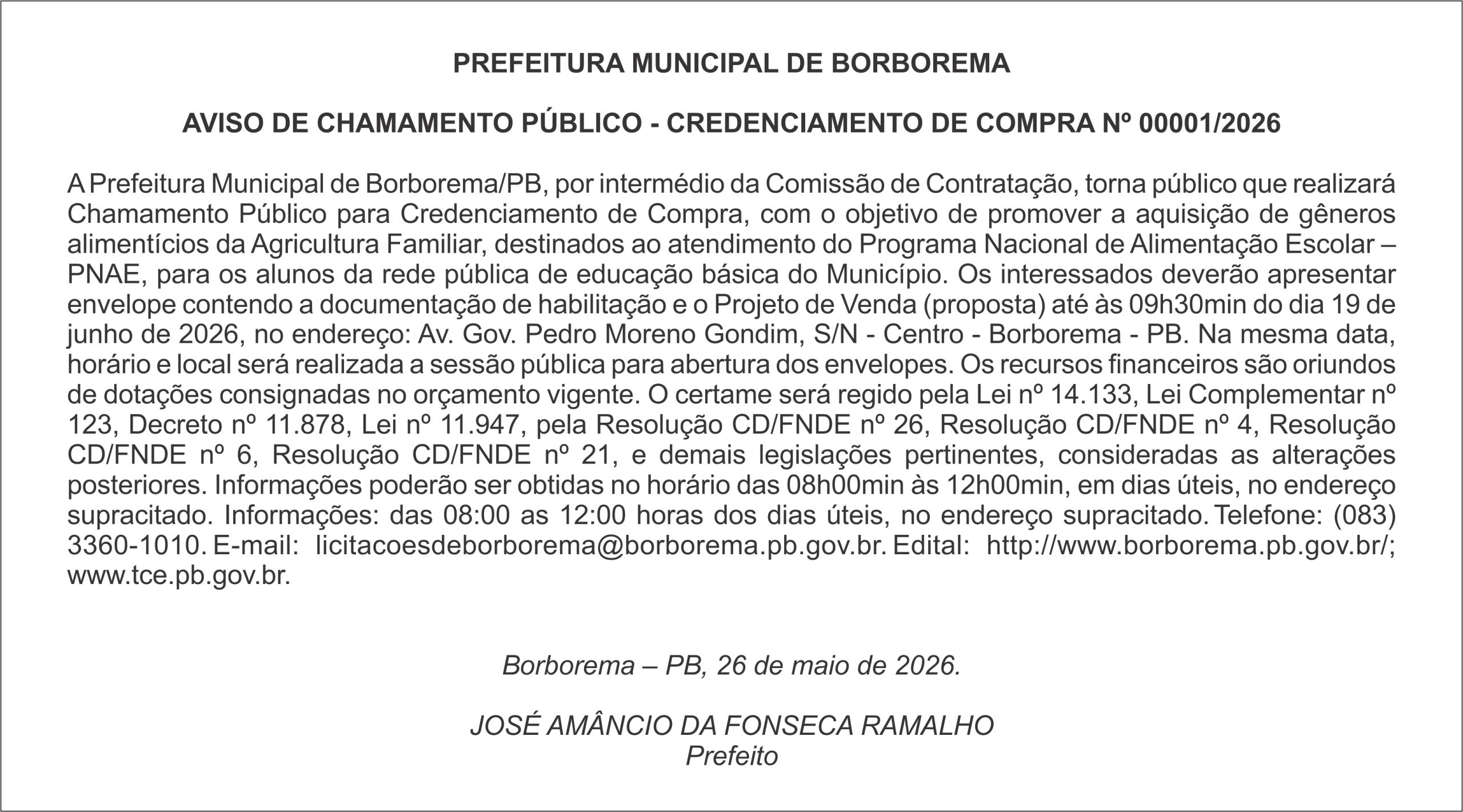 PREFEITURA MUNICIPAL DE BORBOREMA – AVISO DE CHAMAMENTO PÚBLICO – CREDENCIAMENTO DE COMPRA Nº 00001/2026
