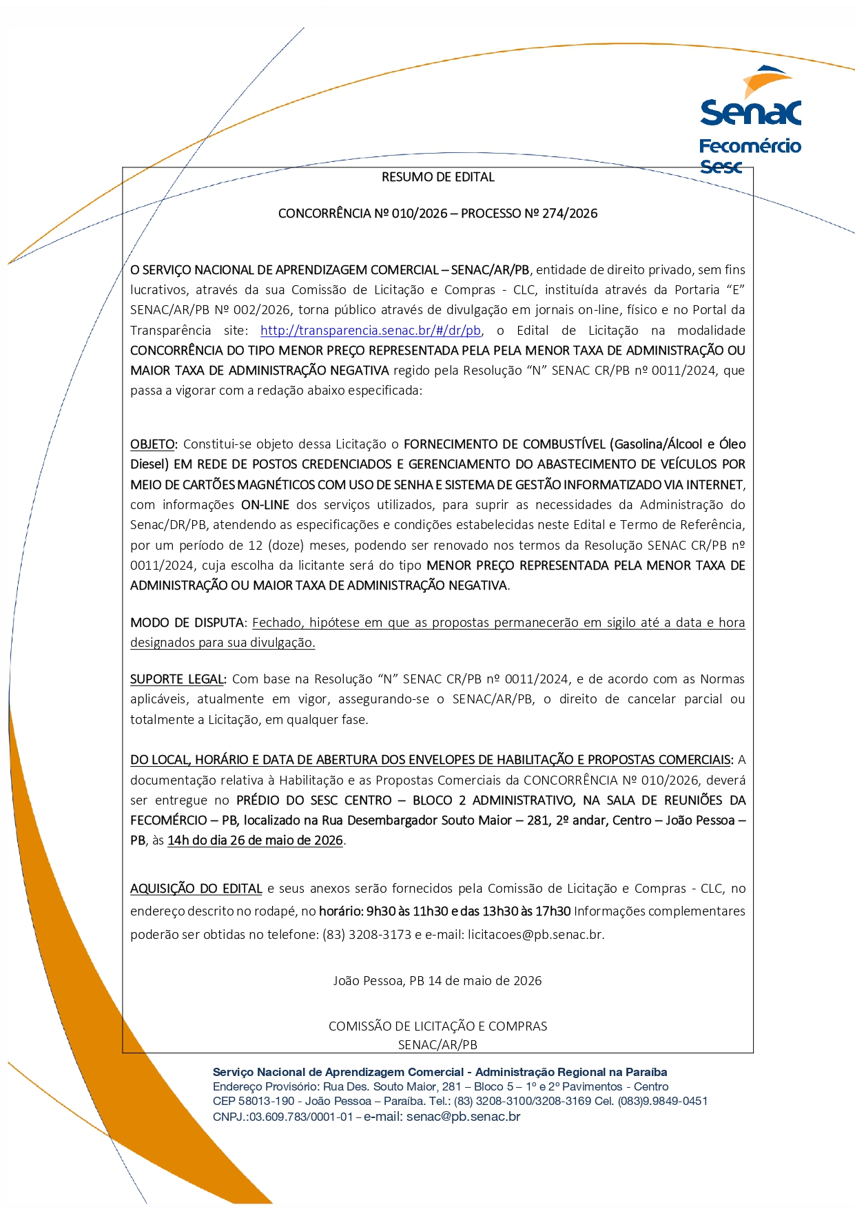 SENAC – RESUMO DE EDITAL  CONCORRÊNCIA Nº 010/2026