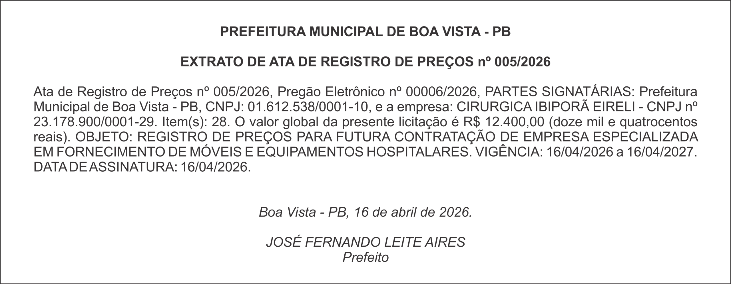 PREFEITURA MUNICIPAL DE BOA VISTA – PB – EXTRATO DE ATA DE REGISTRO DE PREÇOS nº 005/2026