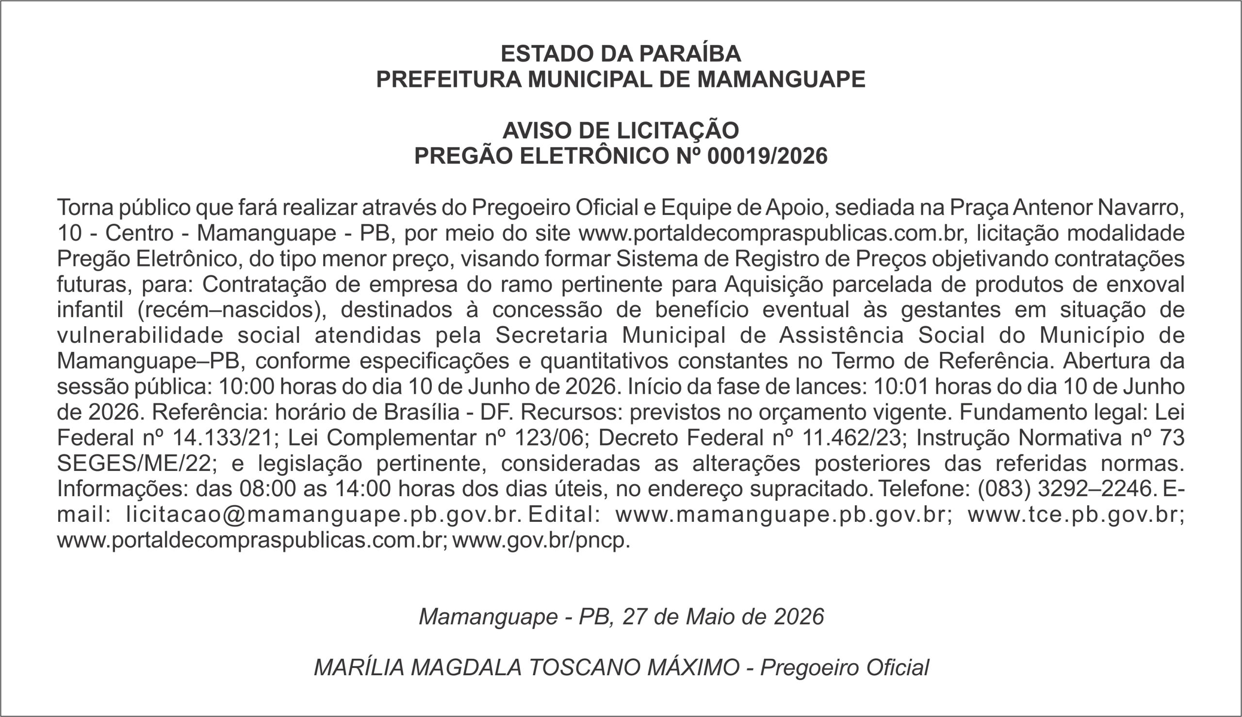 PREFEITURA MUNICIPAL DE MAMANGUAPE – AVISO DE LICITAÇÃO PREGÃO ELETRÔNICO Nº 00019/2026