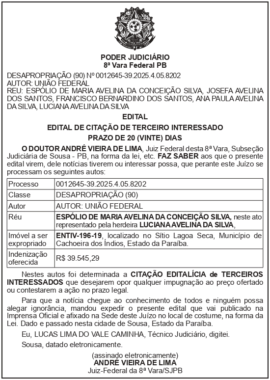 SECRETARIA NACIONAL DE SEGURANÇA HIDRICA – SNSH – MDR – DF – BRASÍLIA – Edital de Citação de Terceiro Interessado – ENTIV-196-19 (ESPÓLIO DE MARIA AVELINA DA CONCEIÇÃO SILVA)
