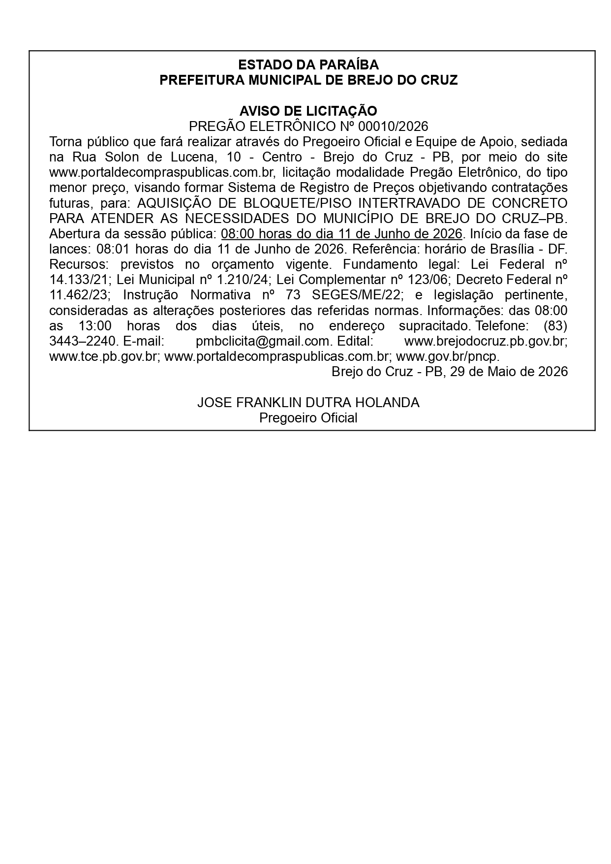 PREFEITURA MUNICIPAL DE BREJO DO CRUZ – AVISO DE LICITAÇÃO PREGÃO ELETRÔNICO Nº 00010/2026