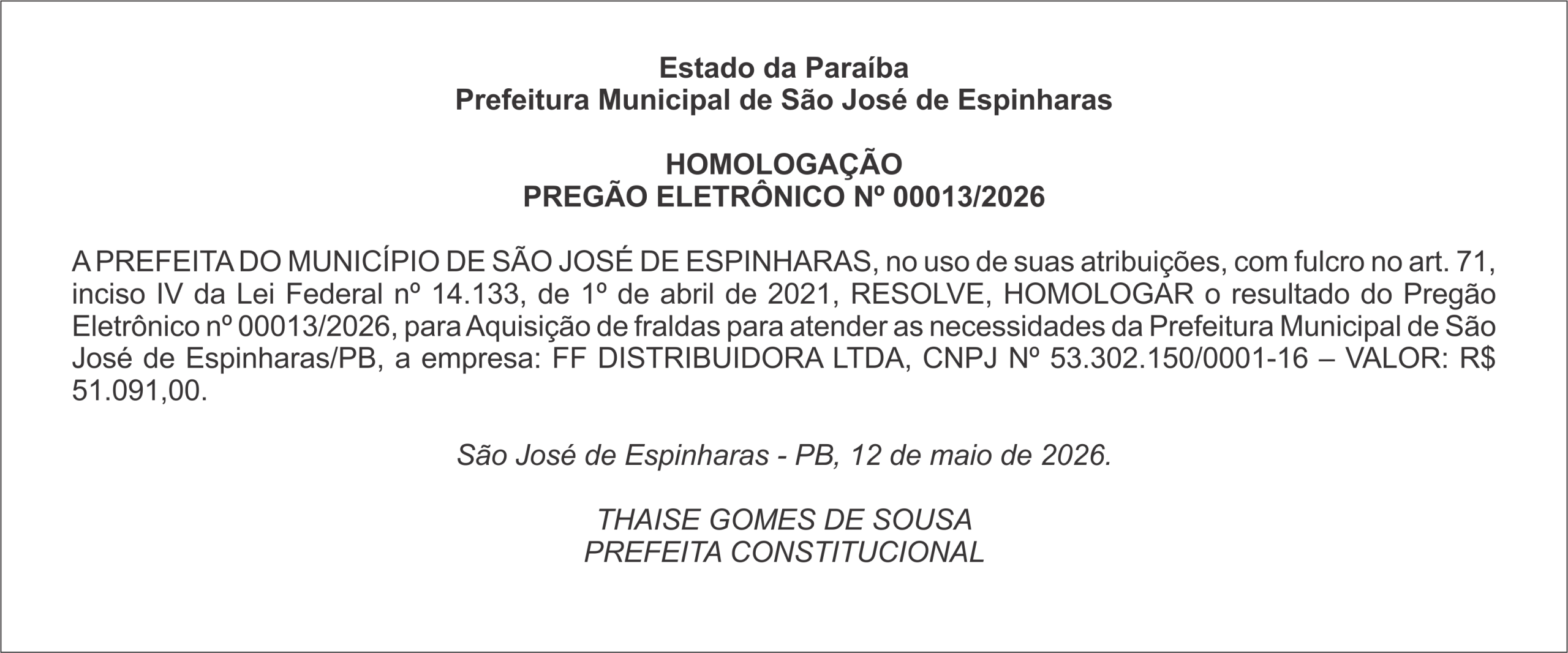 PREFEITURA DE SÃO JOSÉ DE ESPINHARAS – HOMOLOGAÇÃO