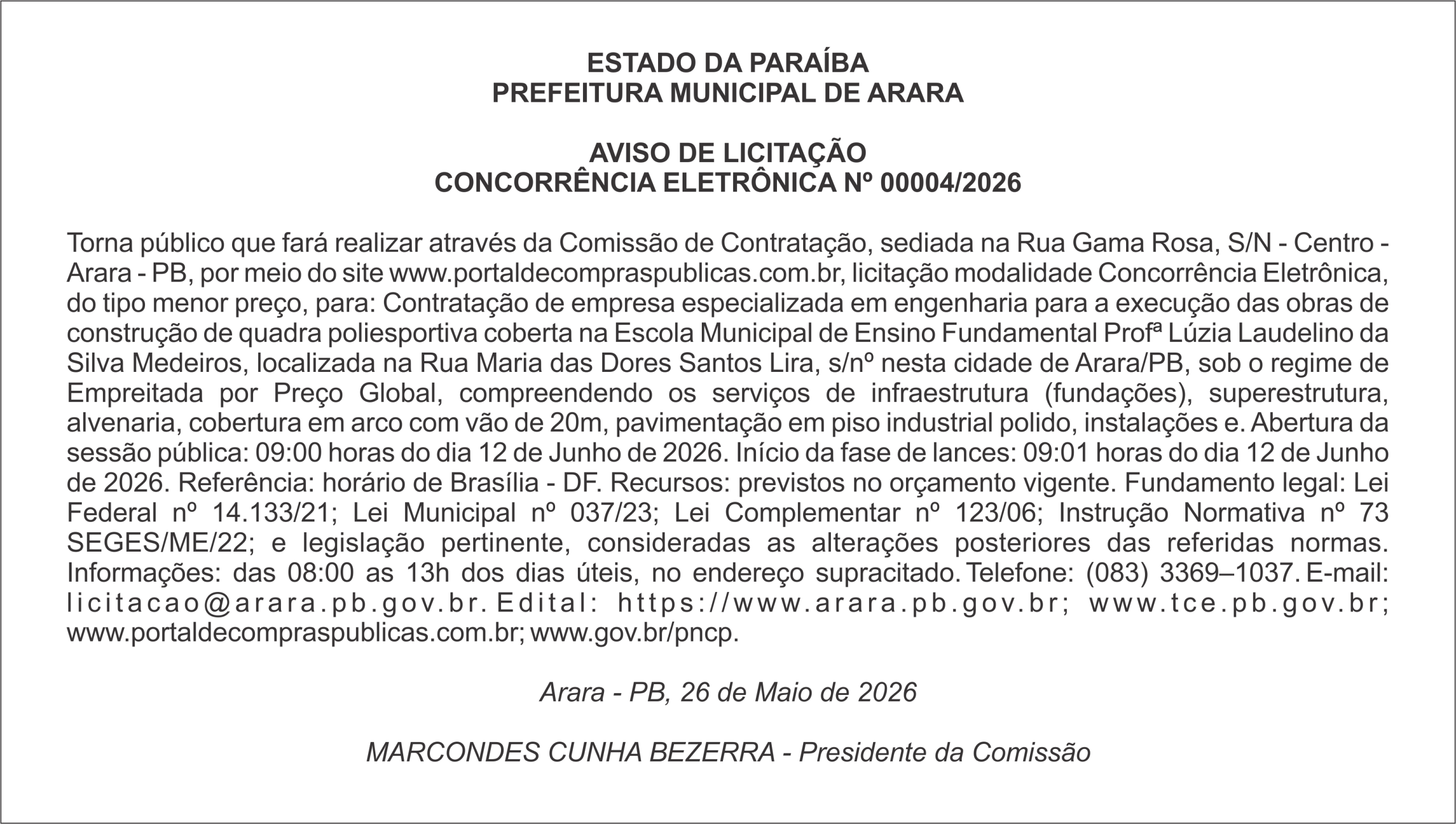 PREFEITURA MUNICIPAL DE ARARA – AVISO DE LICITAÇÃO CONCORRÊNCIA ELETRÔNICA Nº 00004/2026