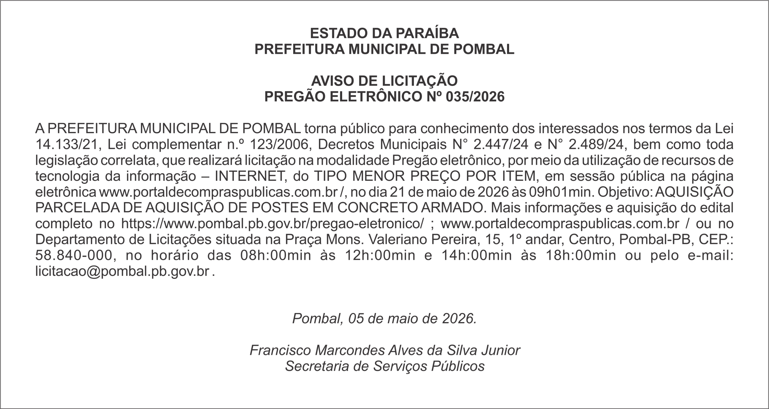 PREFEITURA MUNICIPAL DE POMBAL – AVISO DE LICITAÇÃO PREGÃO ELETRÔNICO Nº 035/2026