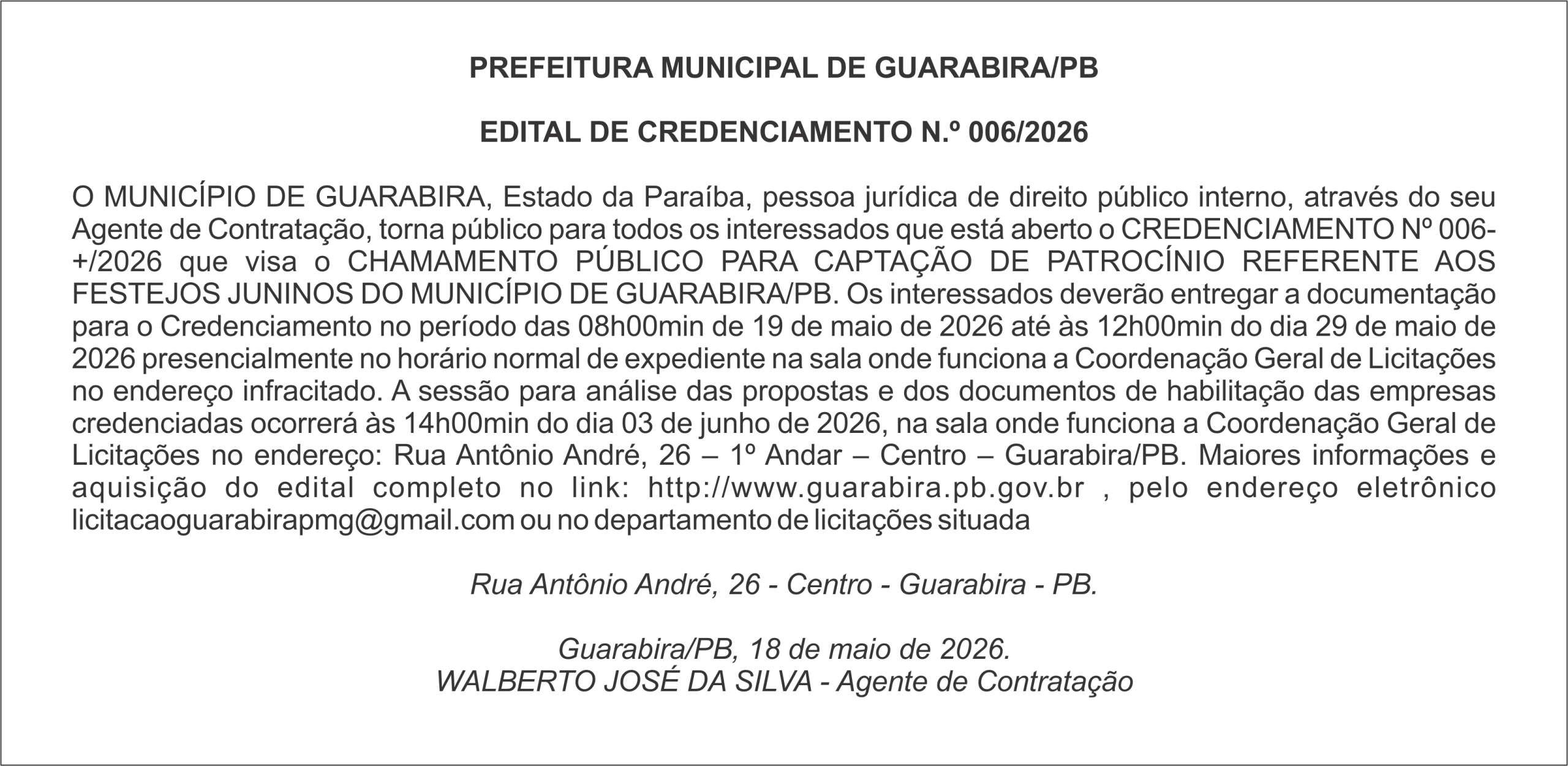 PREFEITURA MUNICIPAL DE GUARABIRA/PB – EDITAL DE CREDENCIAMENTO N.º 006/2026