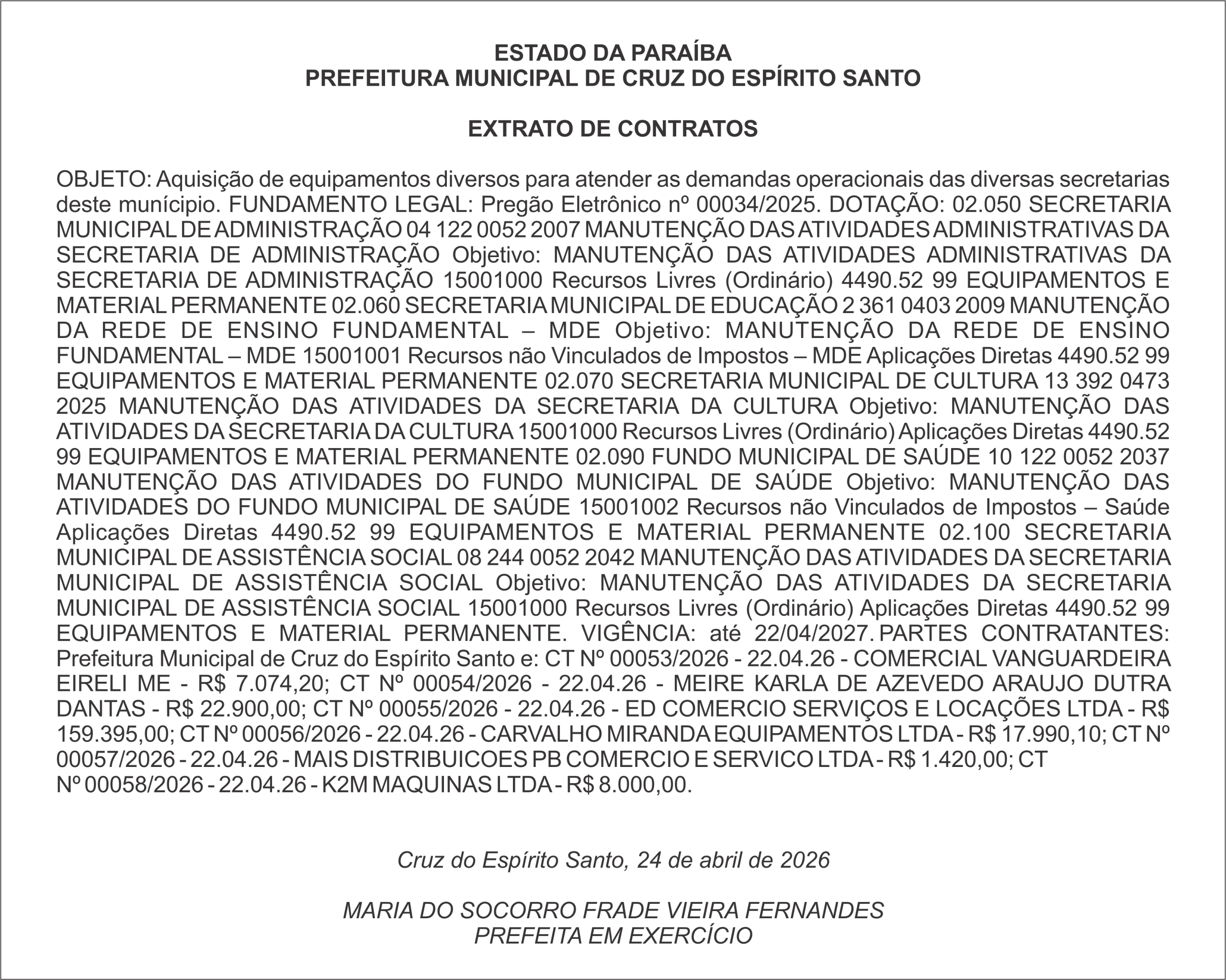 PREFEITURA MUNICIPAL DE CRUZ DO ESPÍRITO SANTO – EXTRATO DE CONTRATOS