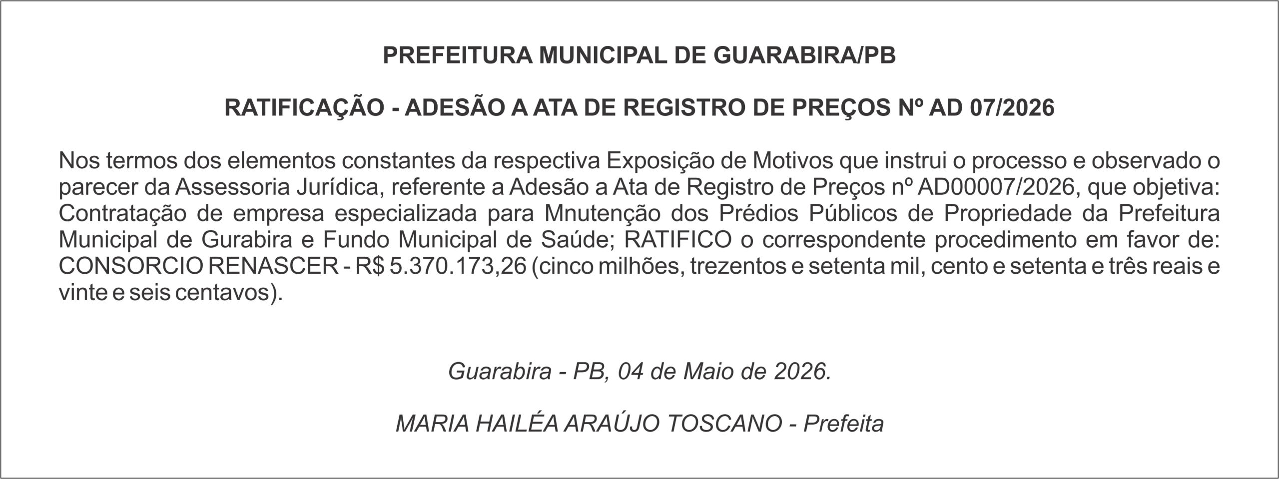 PREFEITURA MUNICIPAL DE GUARABIRA/PB  RATIFICAÇÃO – ADESÃO A ATA DE REGISTRO DE PREÇOS Nº AD 07/2026