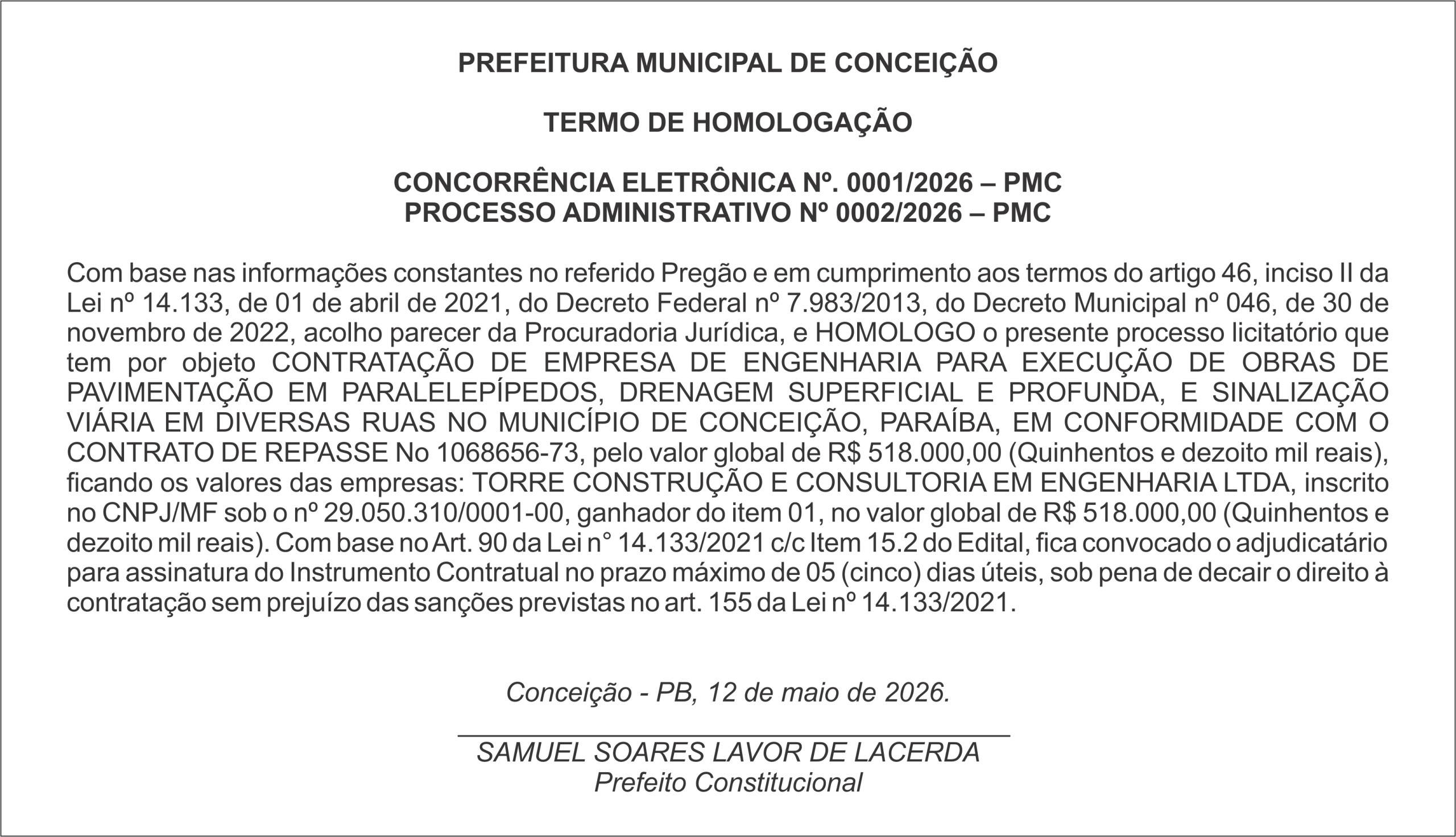 PREFEITURA DE CONCEIÇÃO  – TERMO DE HOMOLOGAÇÃO