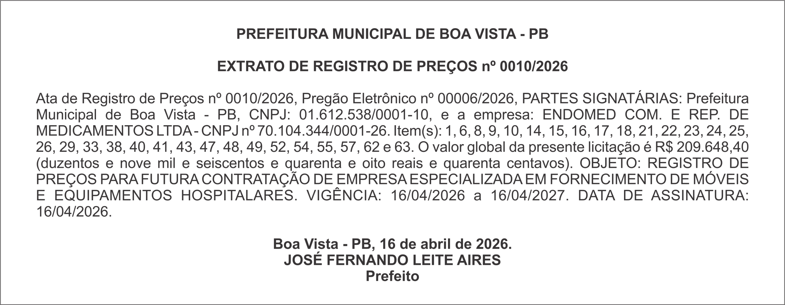 PREFEITURA MUNICIPAL DE BOA VISTA – PB – EXTRATO DE ATA DE REGISTRO DE PREÇOS nº 010/2026
