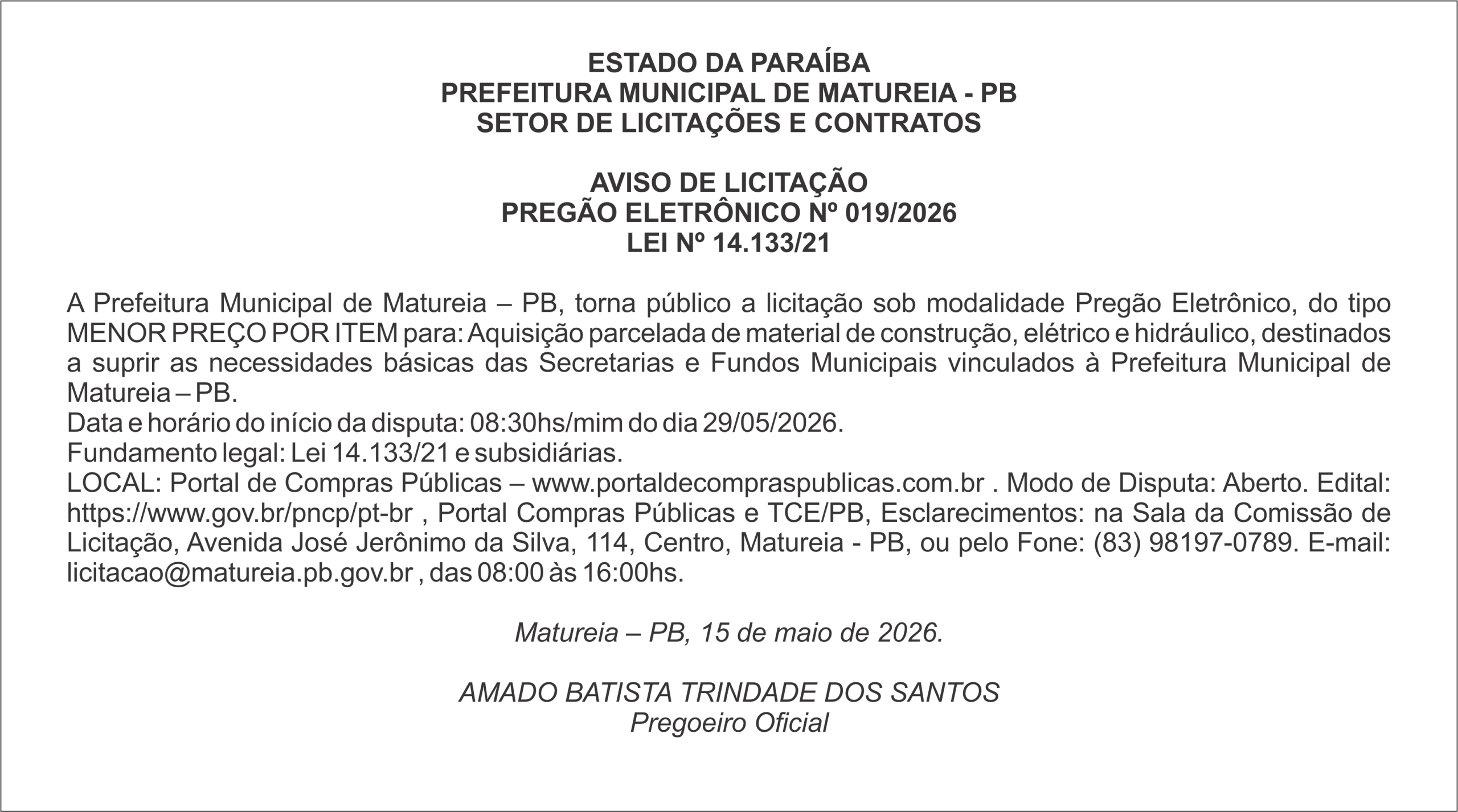 PREFEITURA MUNICIPAL DE MATUREIA – PB – AVISO DE LICITAÇÃO PREGÃO ELETRÔNICO Nº 019/2026