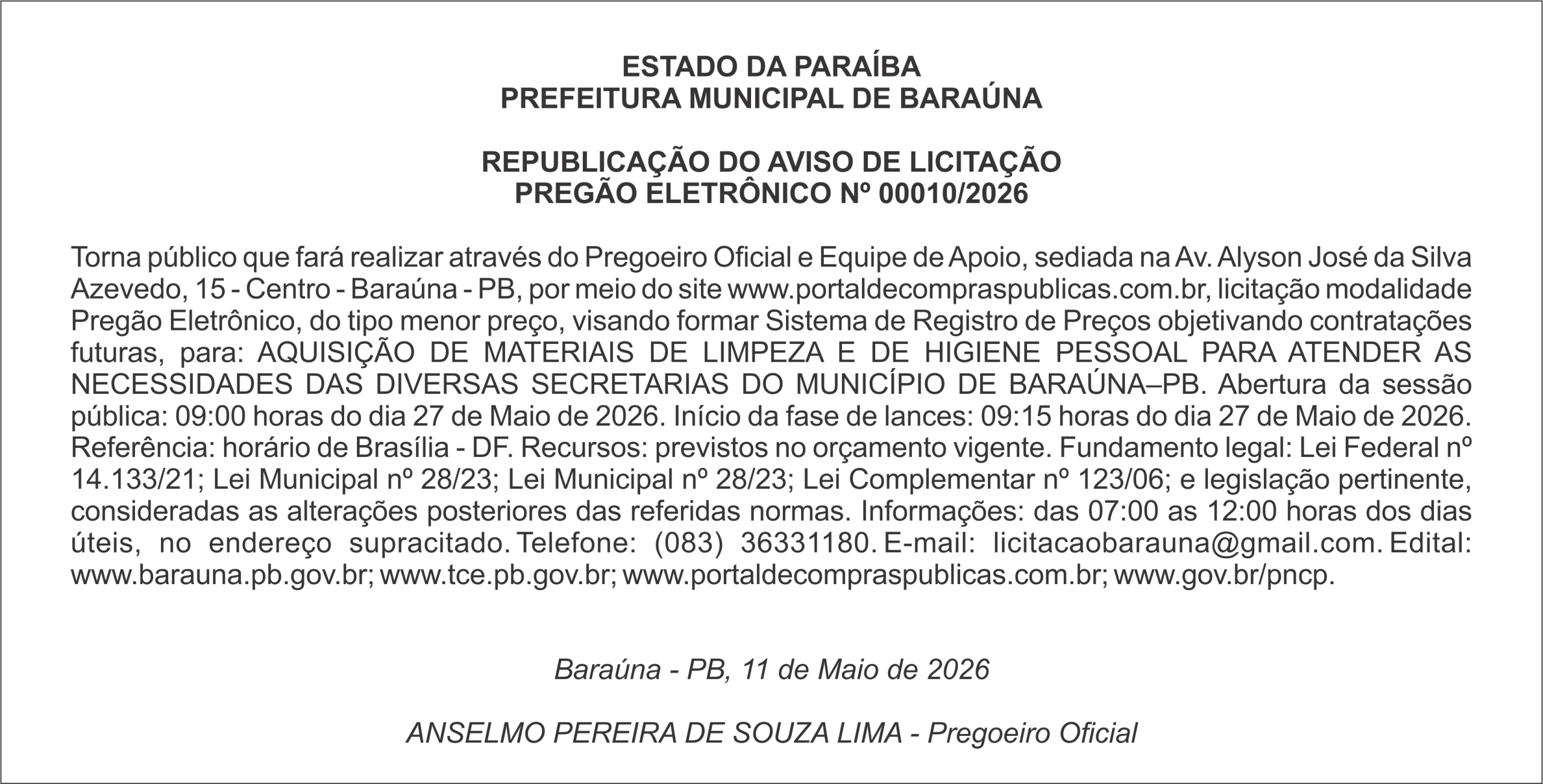 PREFEITURA MUNICIPAL DE BARAÚNA – REPUBLICAÇÃO DO AVISO DE LICITAÇÃO PREGÃO ELETRÔNICO Nº 00010/2026