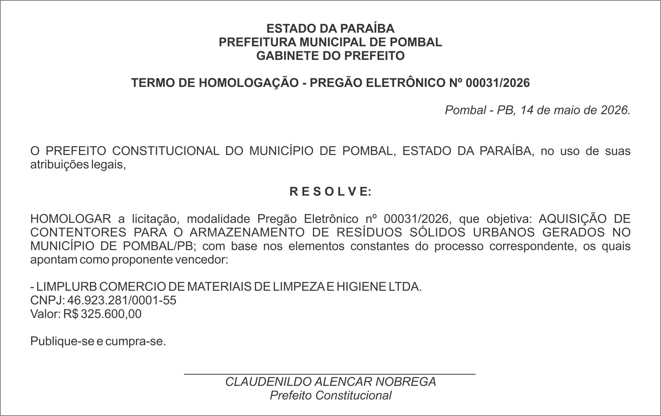 PREFEITURA MUNICIPAL DE POMBAL GABINETE DO PREFEITO     TERMO DE HOMOLOGAÇÃO – PREGÃO ELETRÔNICO Nº 00031/2026