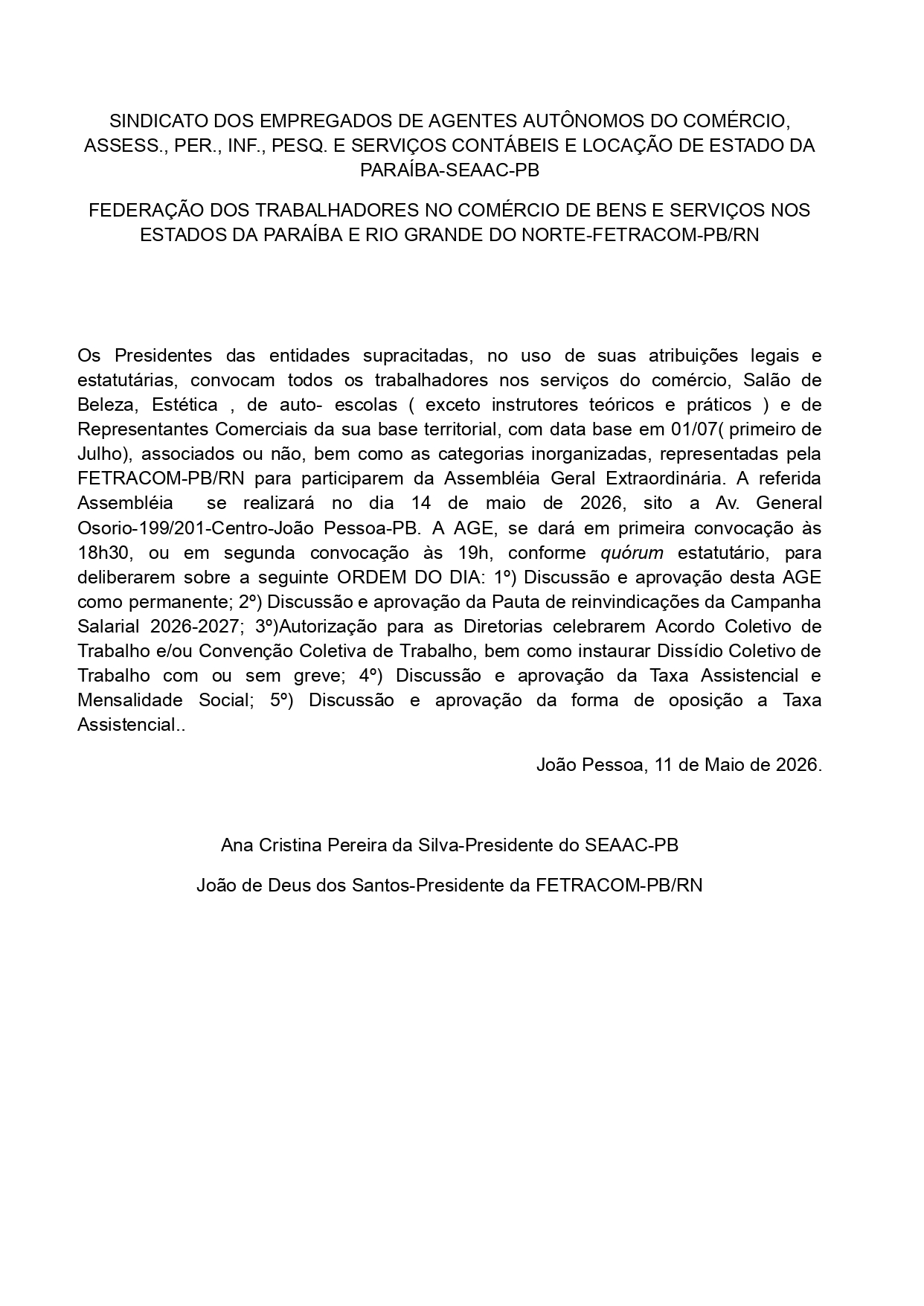 SEAAC-PB – EDITAL DE CONVOCAÇÃO – ASSEMBLEIA GERAL EXTRAORDINÁRIA