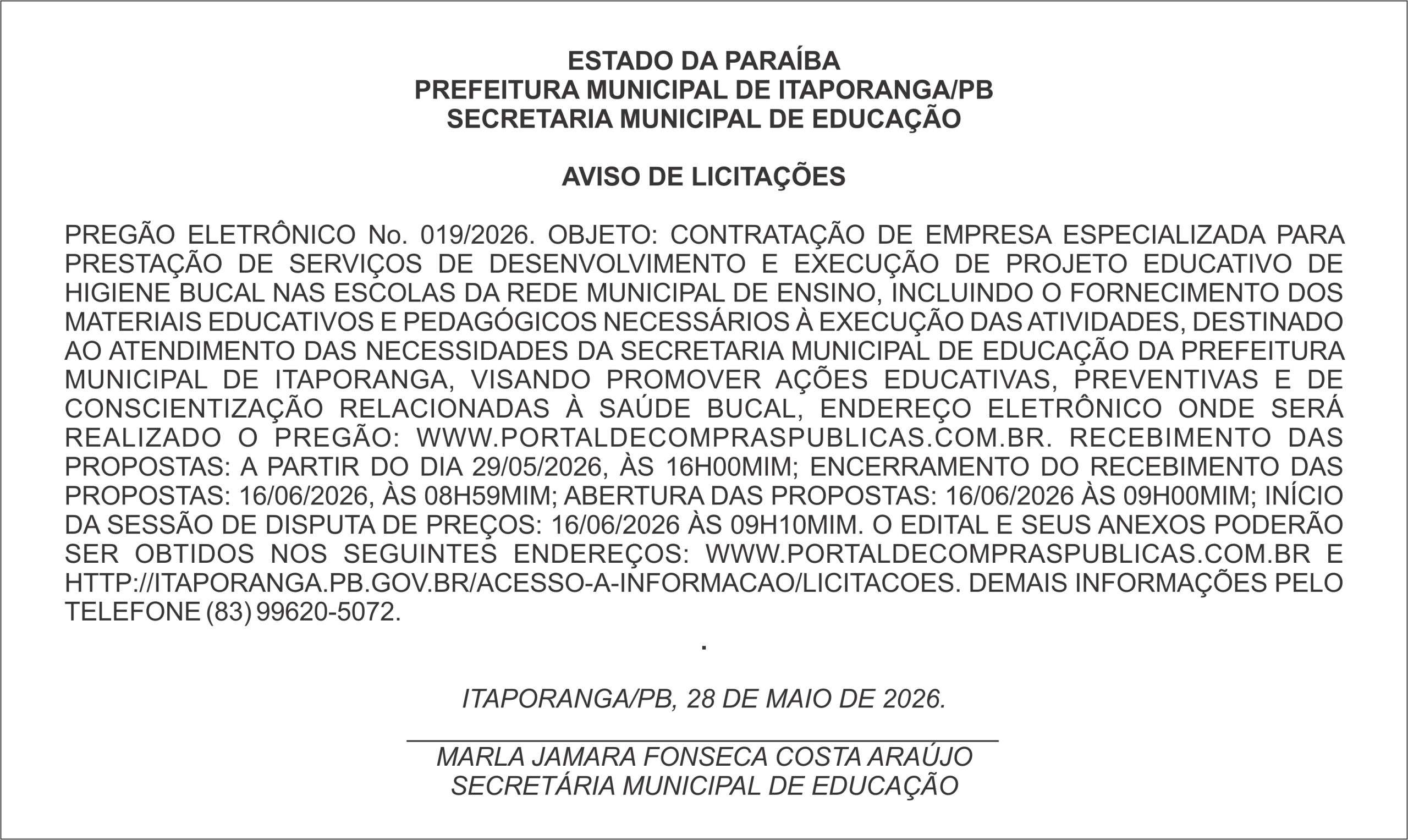 PREFEITURA MUNICIPAL DE ITAPORANGA – AVISO DE LICITAÇÕES – PREGÃO ELETRÔNICO No. 0019/2026