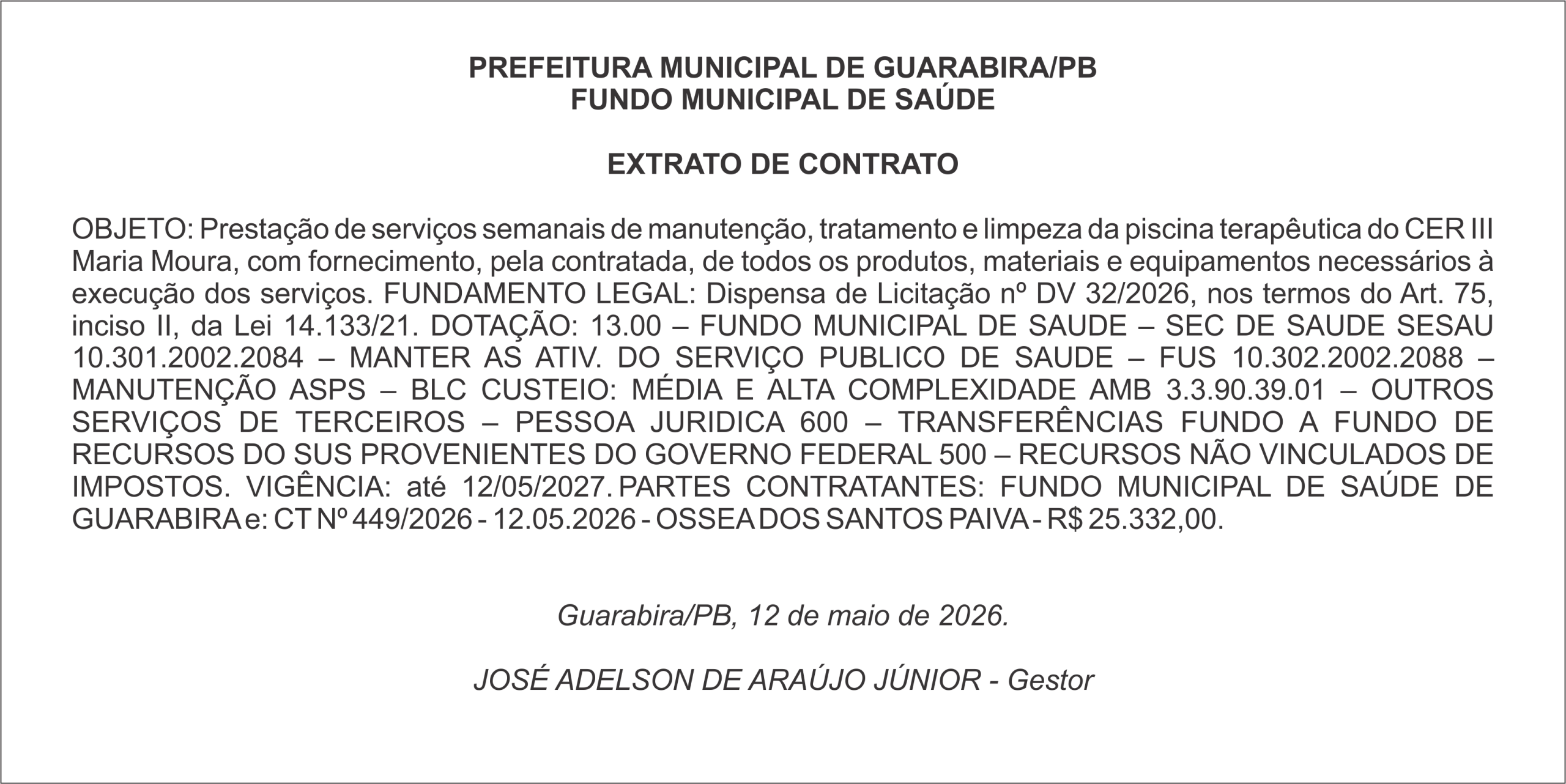 PREFEITURA MUNICIPAL DE GUARABIRA/PB FUNDO MUNICIPAL DE SAÚDE  EXTRATO DE CONTRATO