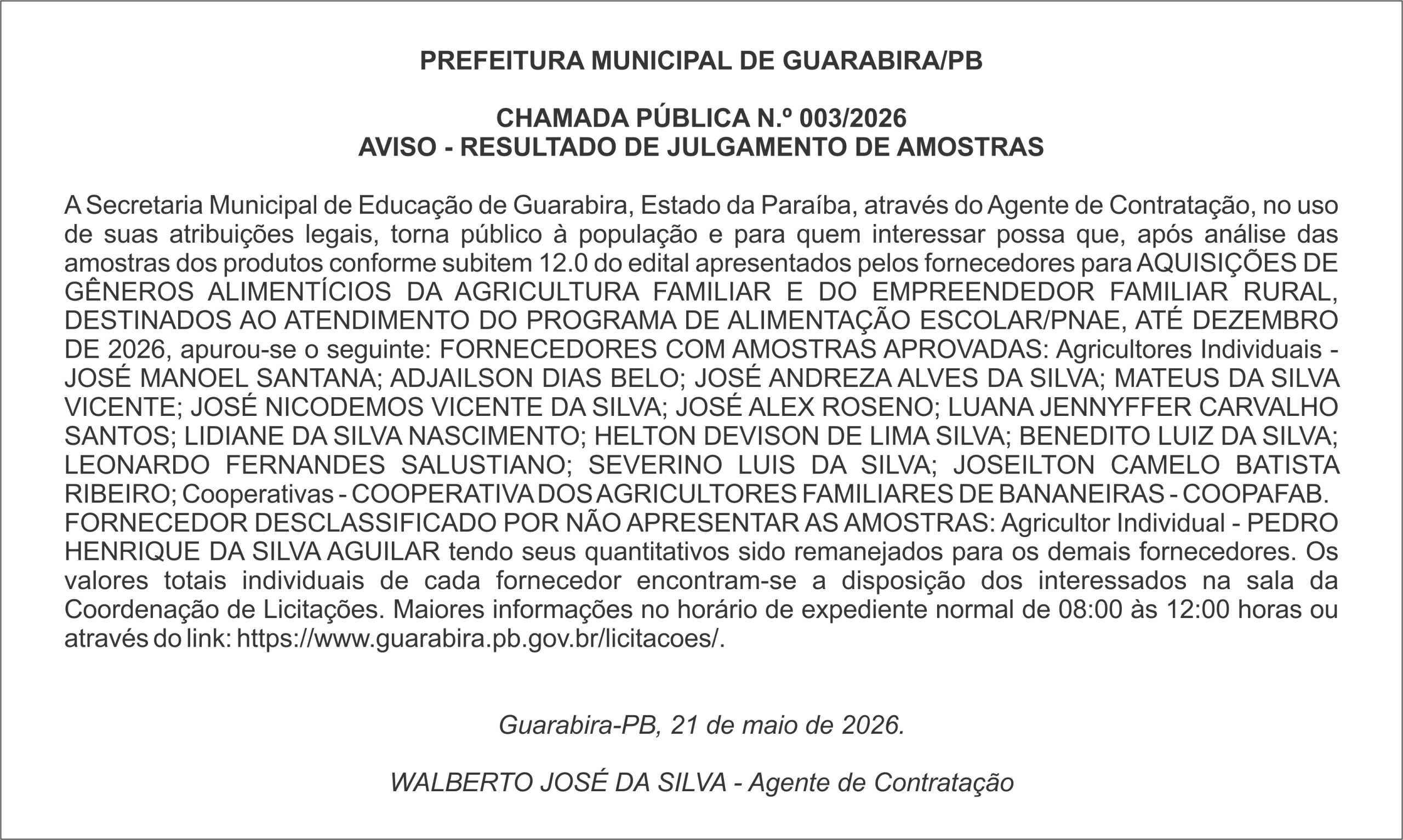 PREFEITURA MUNICIPAL DE GUARABIRA/PB – CHAMADA PÚBLICA N.º 003/2026