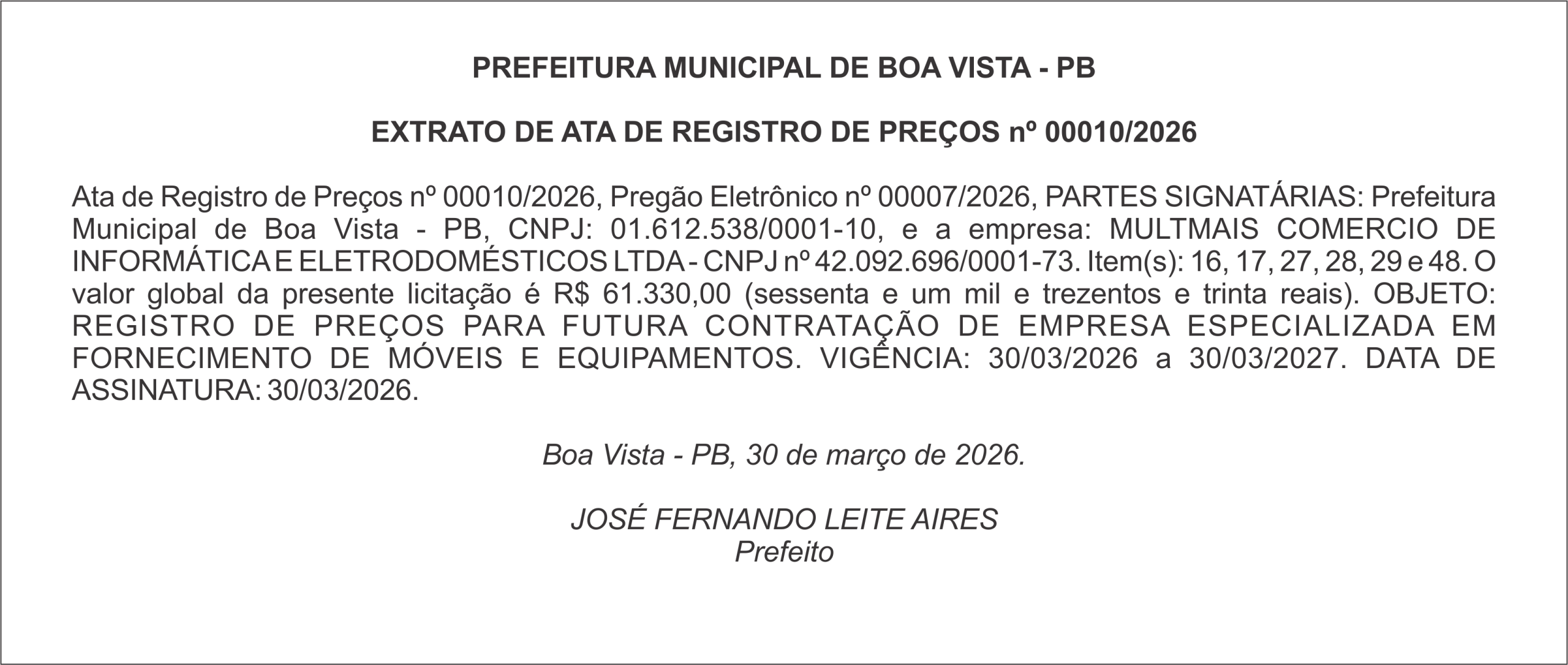 PREFEITURA MUNICIPAL DE BOA VISTA – PB – EXTRATO DE ATA DE REGISTRO DE PREÇOS nº 0010/2026