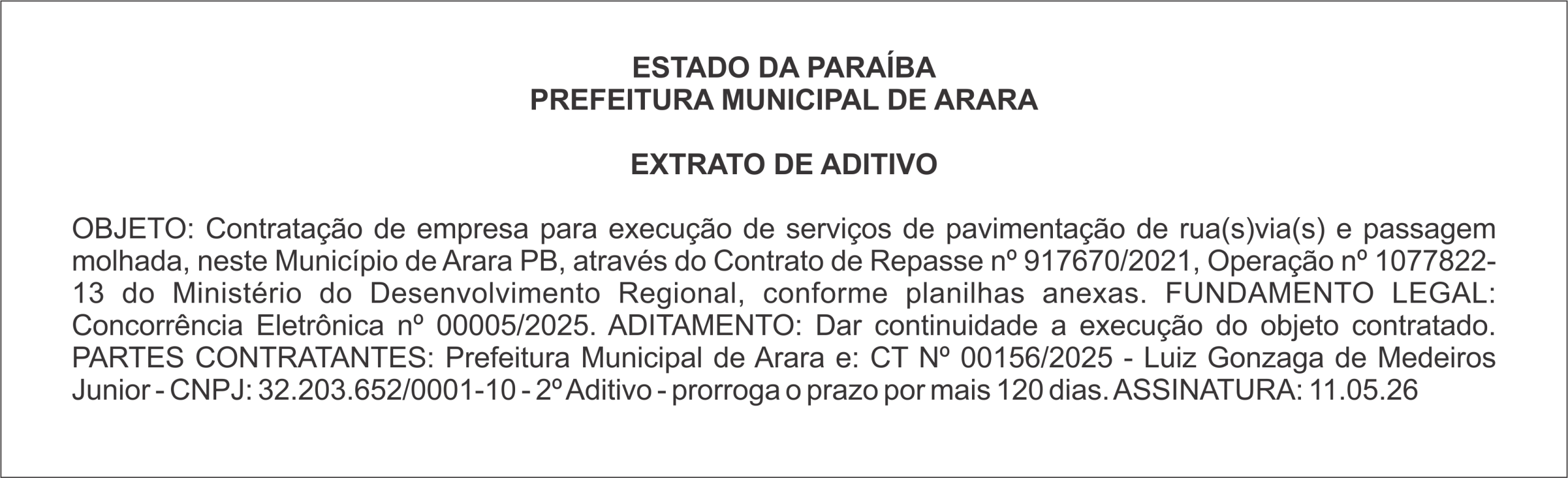 PREFEITURA MUNICIPAL DE ARARA – EXTRATO DE ADITIVO