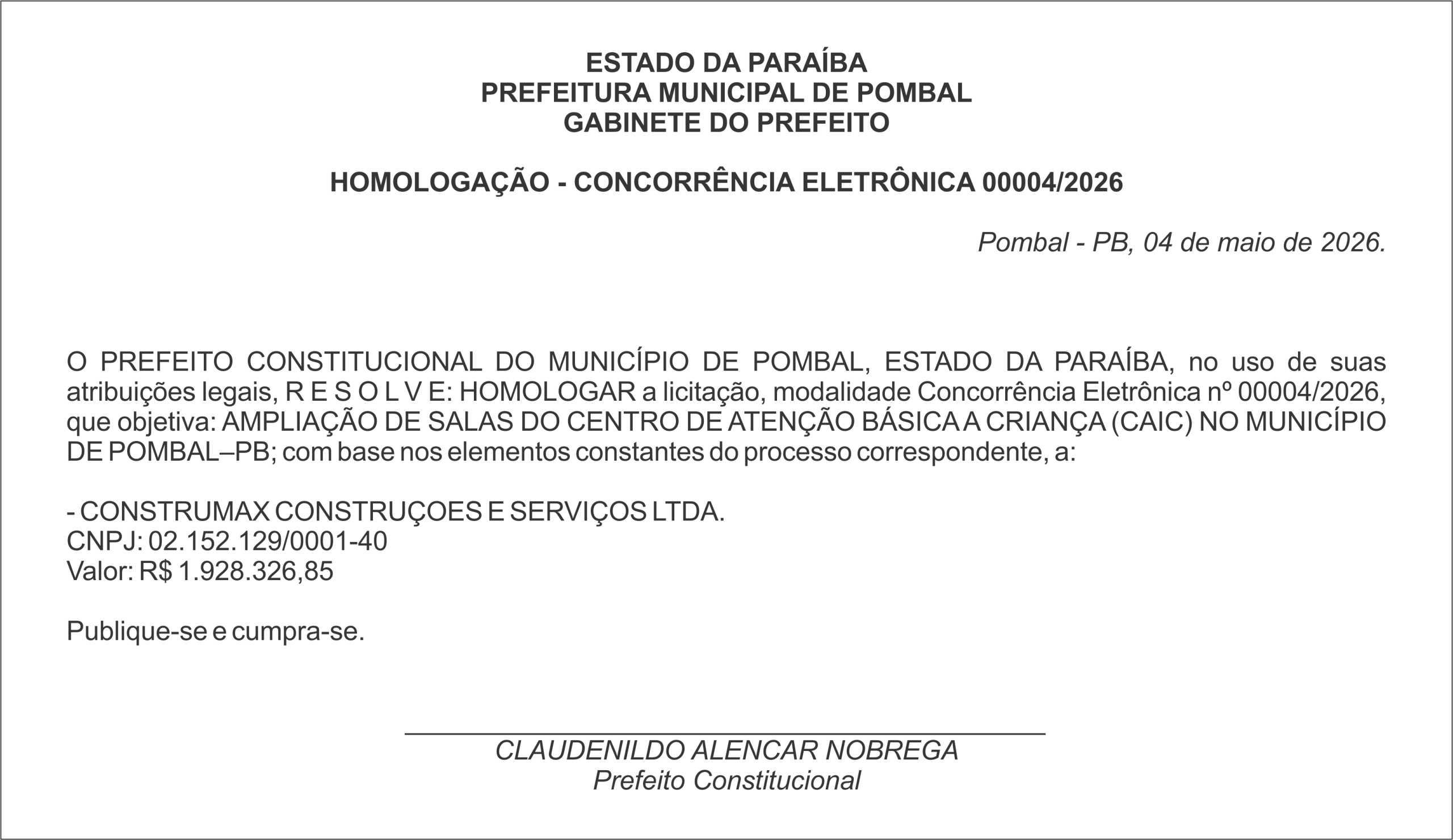 PREFEITURA MUNICIPAL DE POMBAL –  HOMOLOGAÇÃO – CONCORRÊNCIA ELETRÔNICA 00004/2026