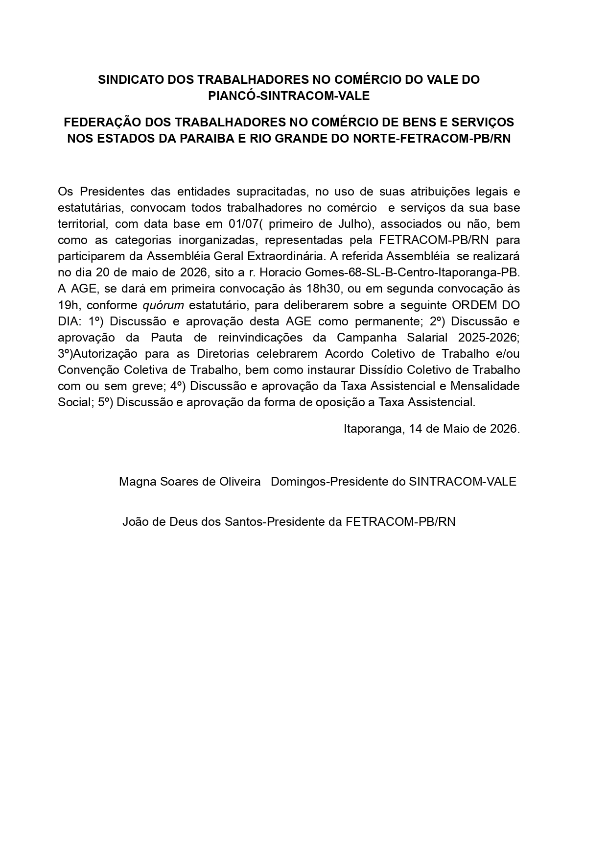 SINTRACS-GR – EDITAL DE ASSEMBLEIA GERAL EXTRAORDINÁRIA