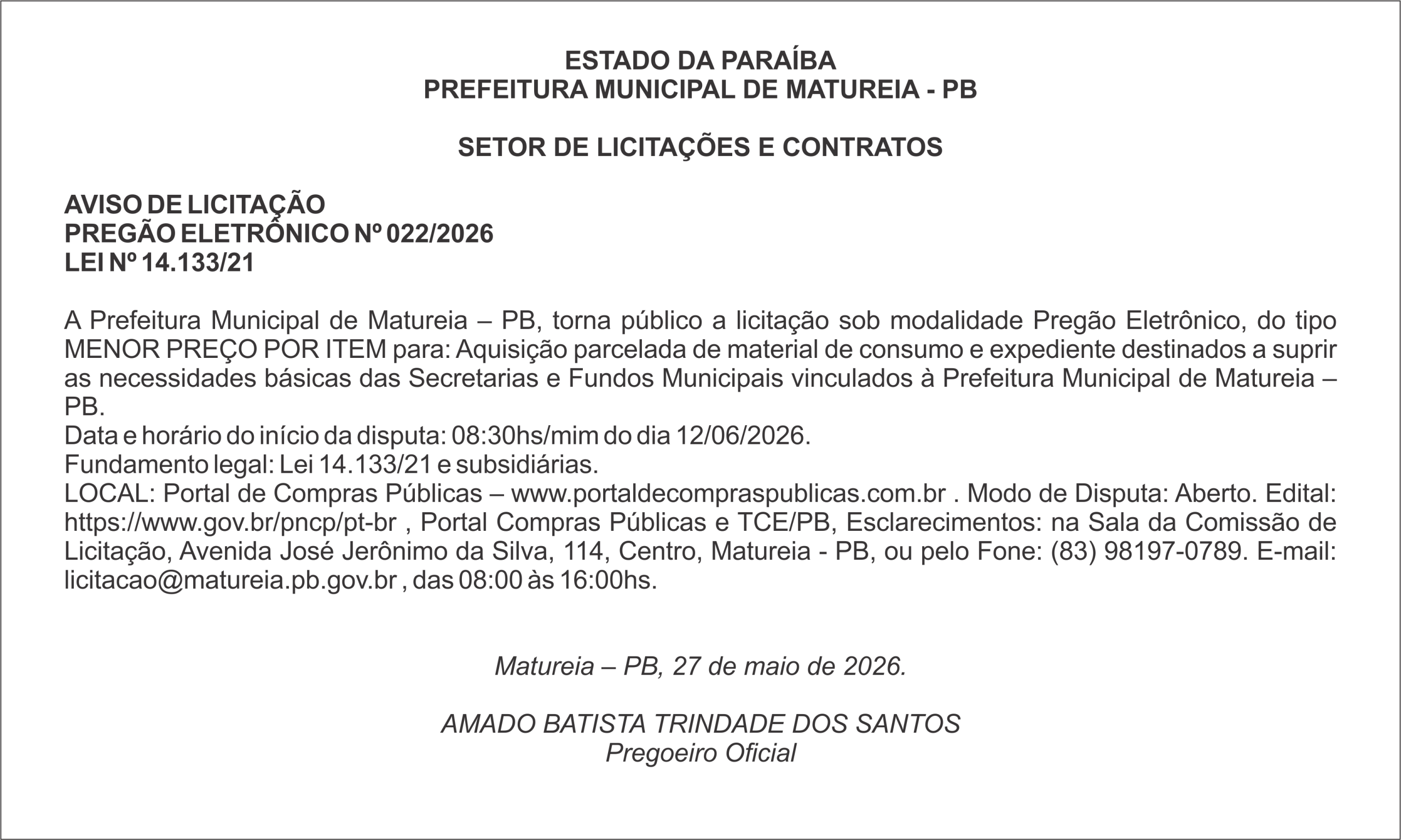 PREFEITURA MUNICIPAL DE MATUREIA – PB – AVISO DE LICITAÇÃO – PREGÃO ELETRÔNICO Nº 022/2026
