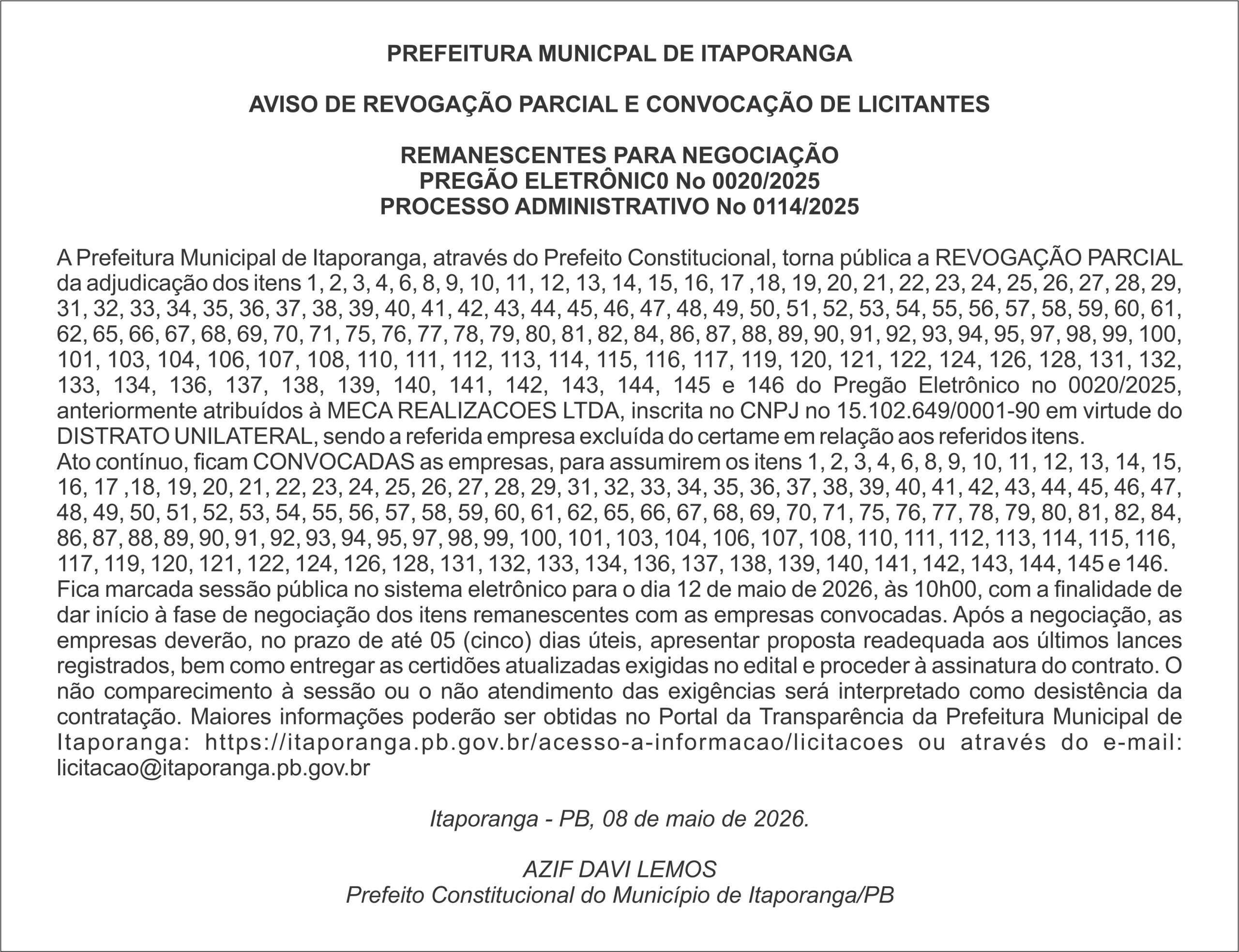PREFEITURA DE ITAPORANGA – AVISO DE REVOGAÇÃO PARCIAL E CONVOCAÇÃO DE LICITANTES  REMANESCENTES PARA NEGOCIAÇÃO – PREGÃO ELETRÔNIC0 No 0001/2026