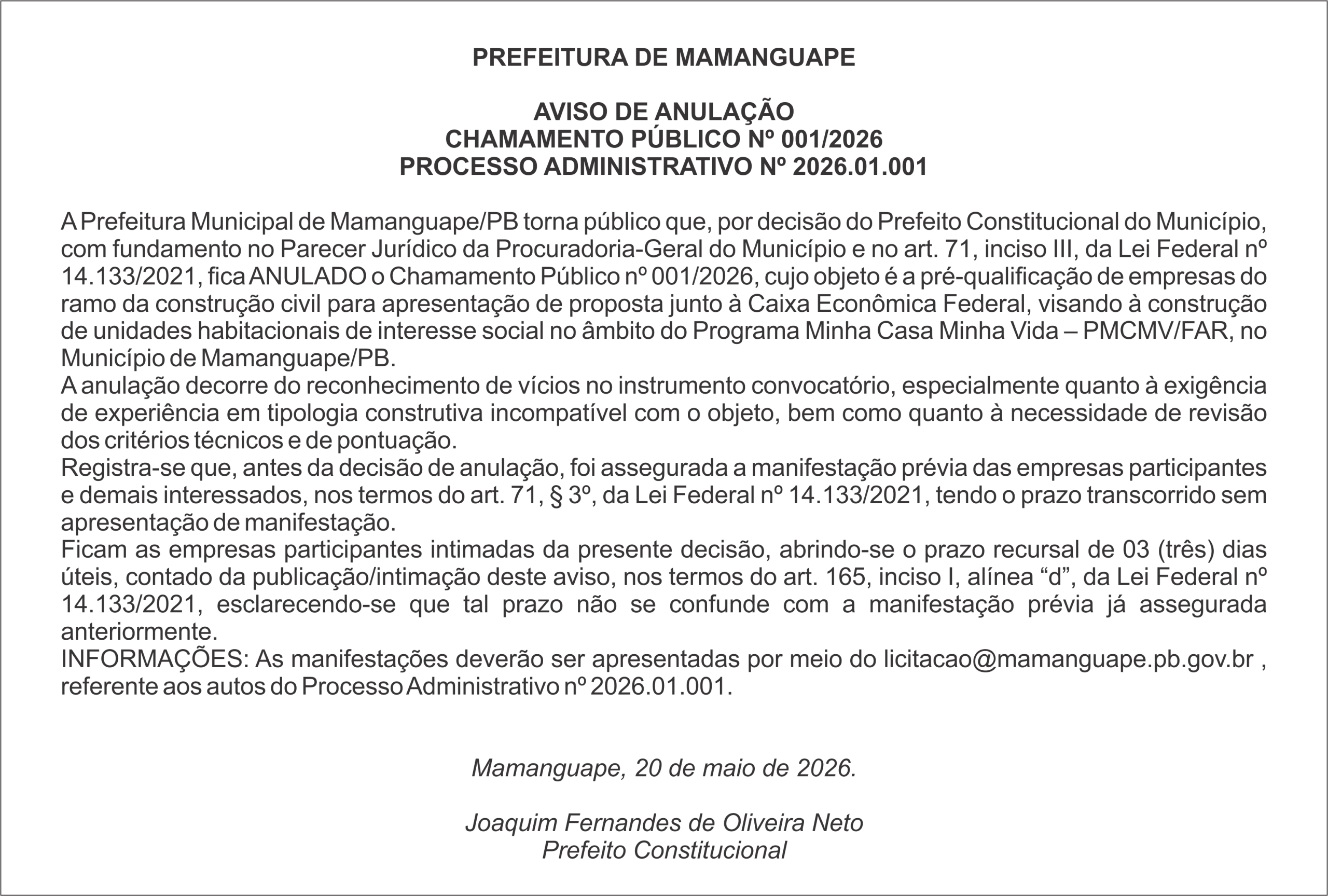 PREFEITURA DE MAMANGUAPE – AVISO DE ANULAÇÃO CHAMAMENTO PÚBLICO Nº 001/2026