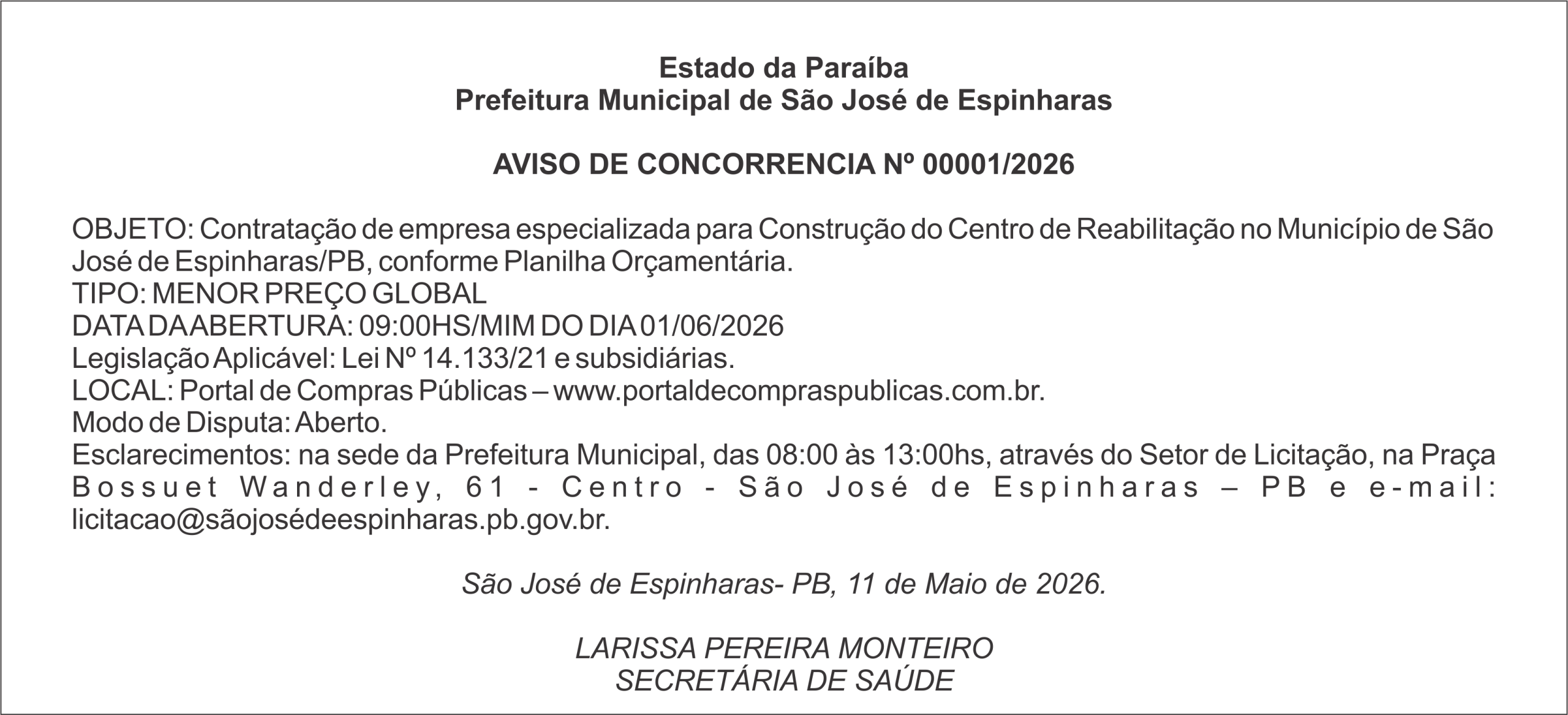 PREFEITURA DE SÃO JOSE DE ESPINHARAS – AVISO DE CONCORRENCIA Nº 00001/2026