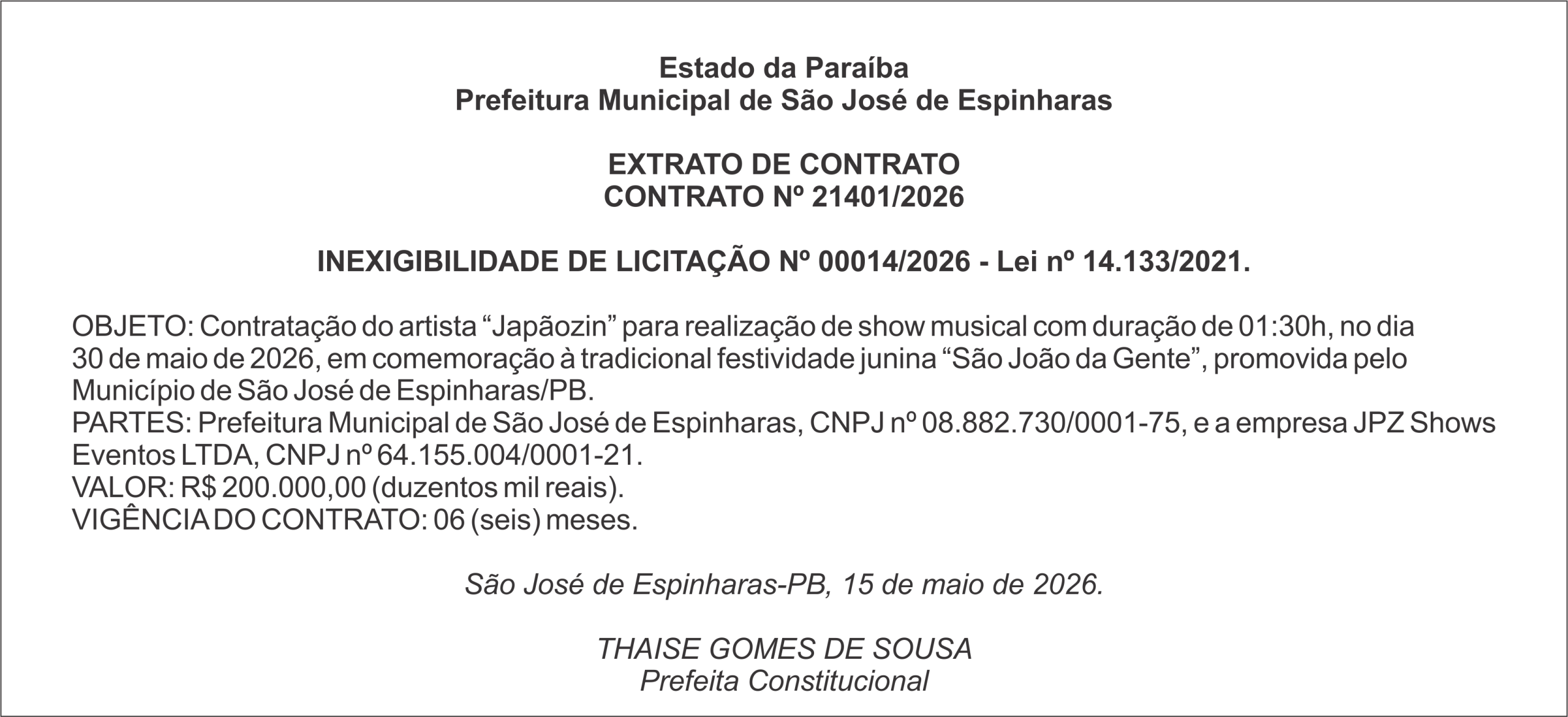 PREFEITURA DE SÃO JOSÉ DE ESPINHARAS – EXTRATO DE CONTRATO