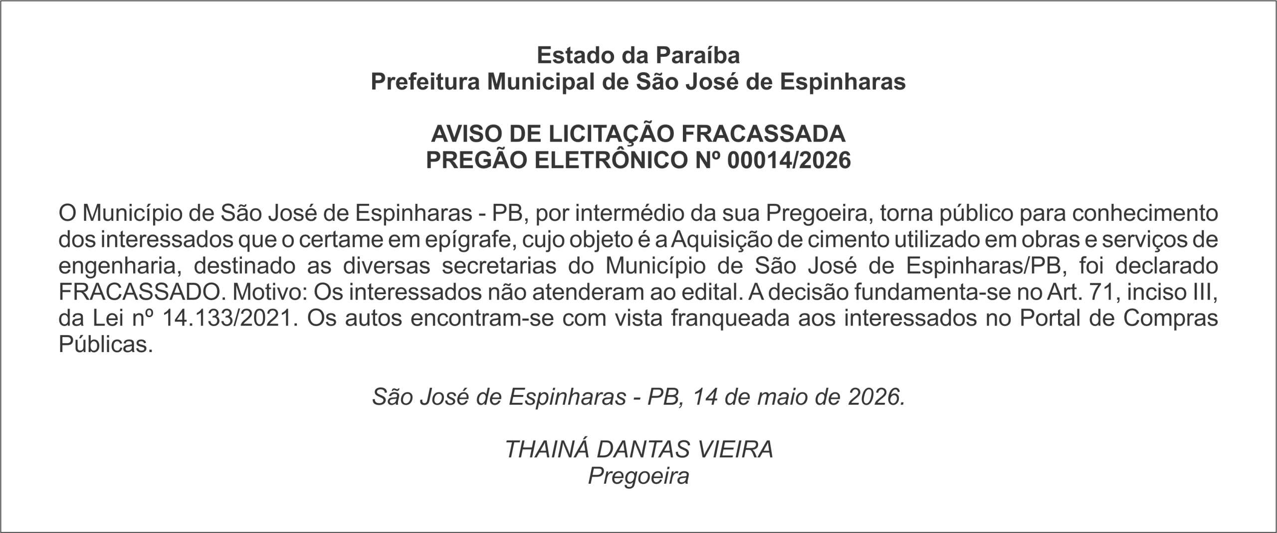 PREFEITURA DE SÃO JOSÉ DE ESPINHARAS – AVISO DE LICITAÇÃO FRACASSADA