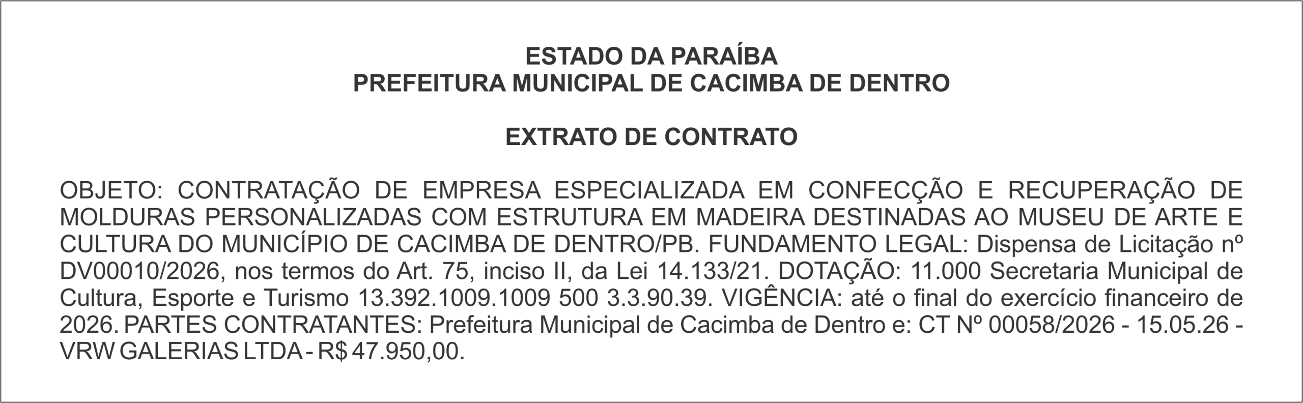 PREFEITURA MUNICIPAL DE CACIMBA DE DENTRO – EXTRATO DE CONTRATO