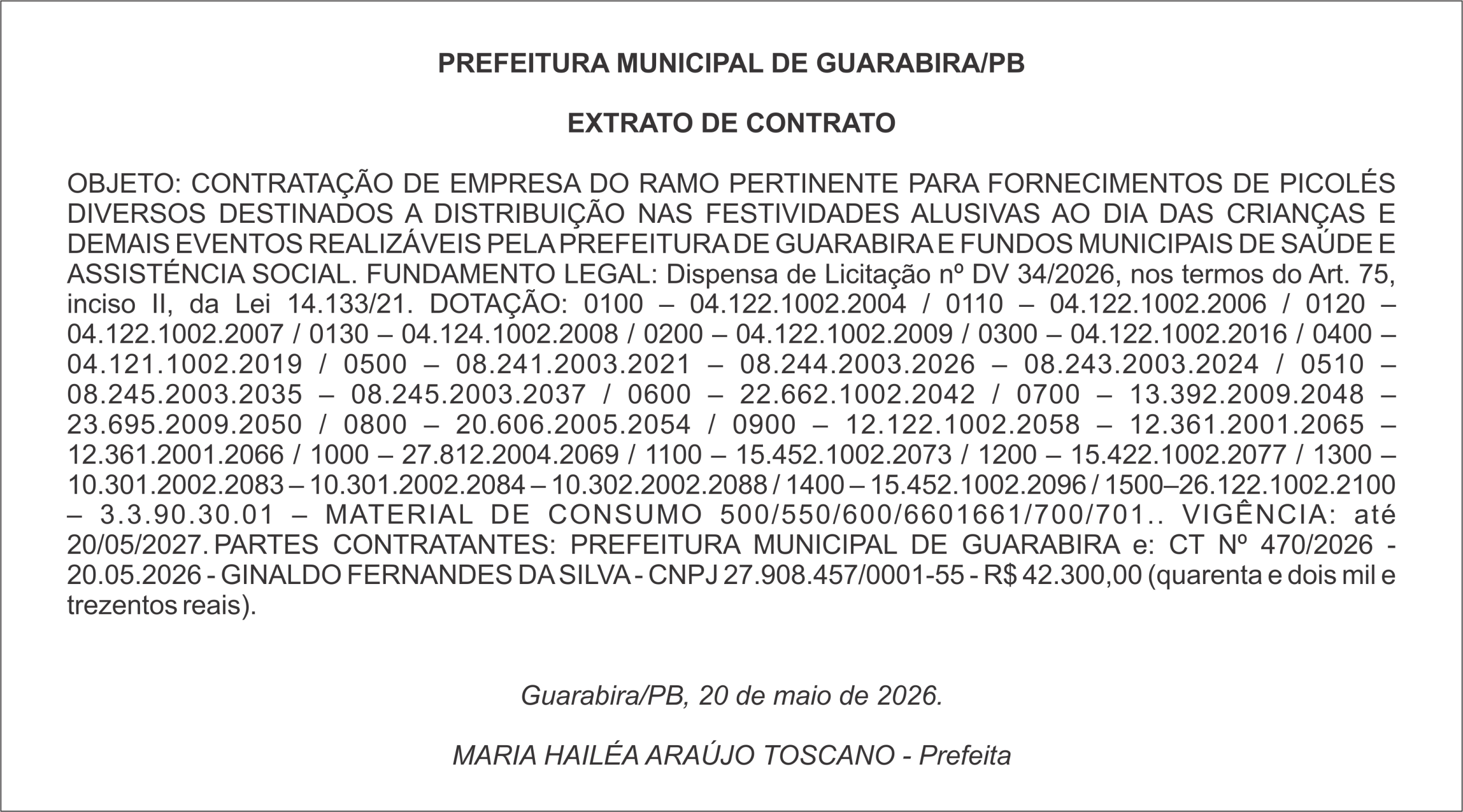 PREFEITURA MUNICIPAL DE GUARABIRA/PB – EXTRATO DE CONTRATO