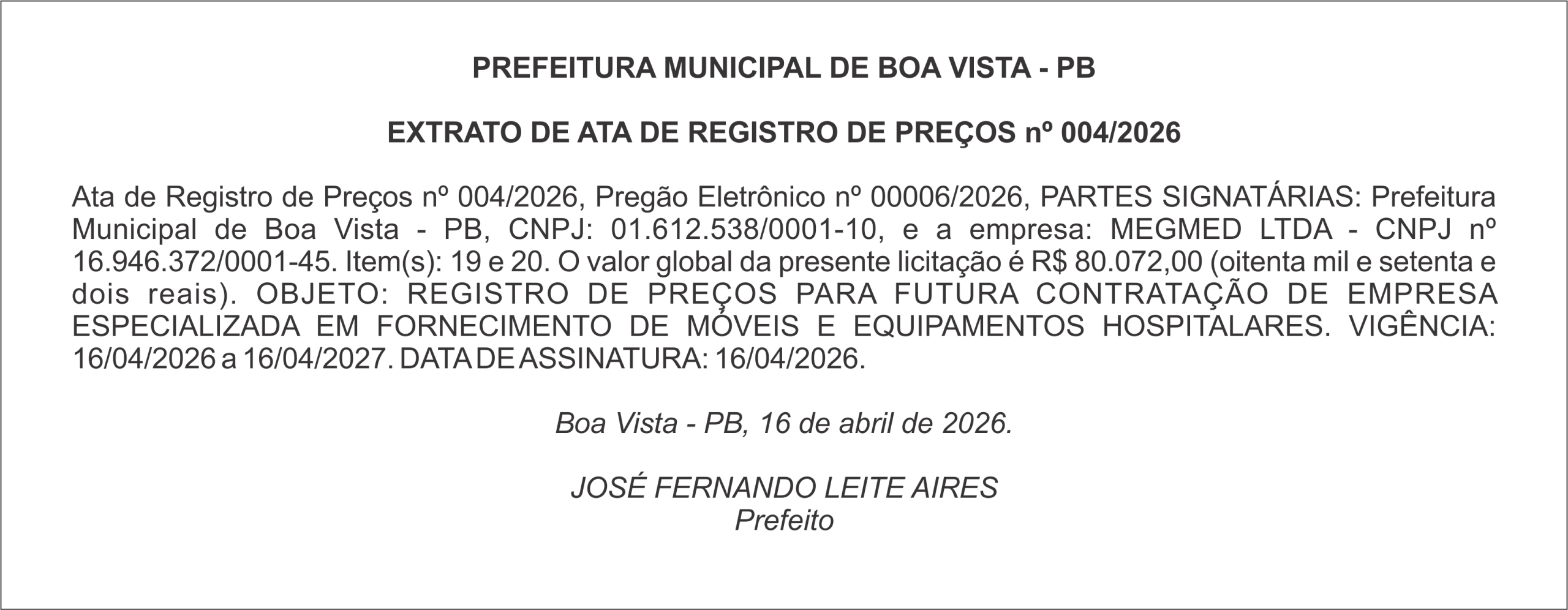 PREFEITURA MUNICIPAL DE BOA VISTA – PB EXTRATO DE ATA DE REGISTRO DE PREÇOS nº 004/2026