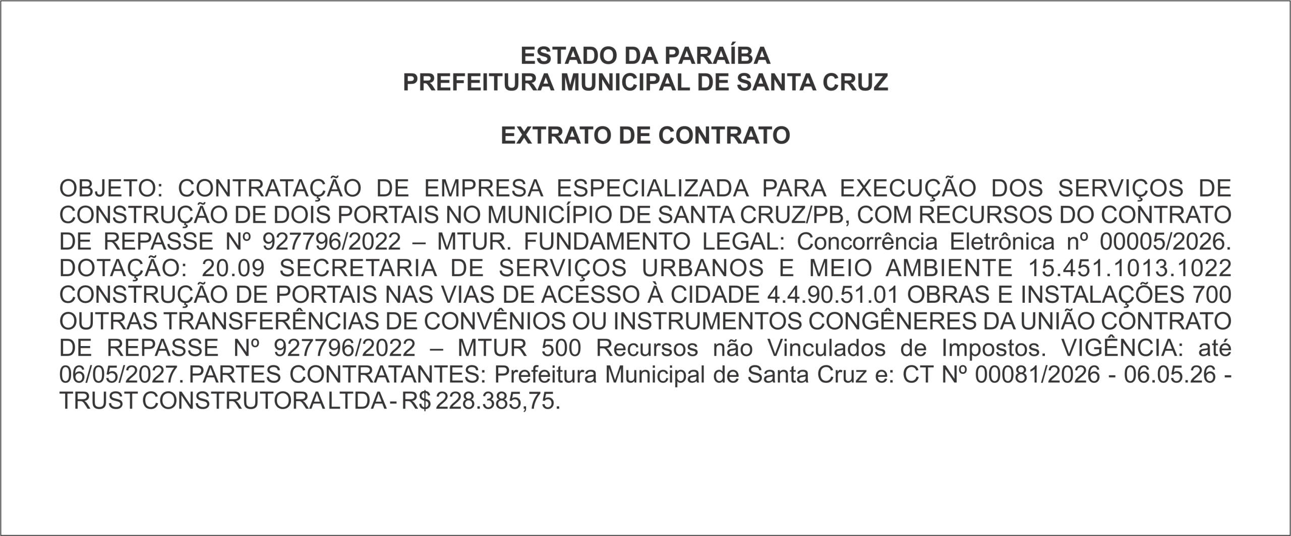 PREFEITURA MUNICIPAL DE SANTA CRUZ – EXTRATO DE CONTRATO