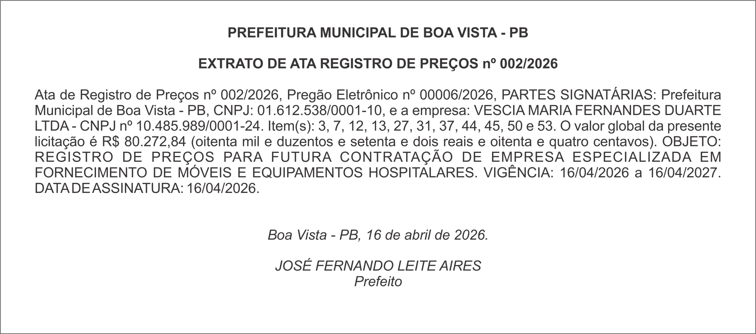 PREFEITURA MUNICIPAL DE BOA VISTA – PB – EXTRATO DE ATA REGISTRO DE PREÇOS nº 002/2026
