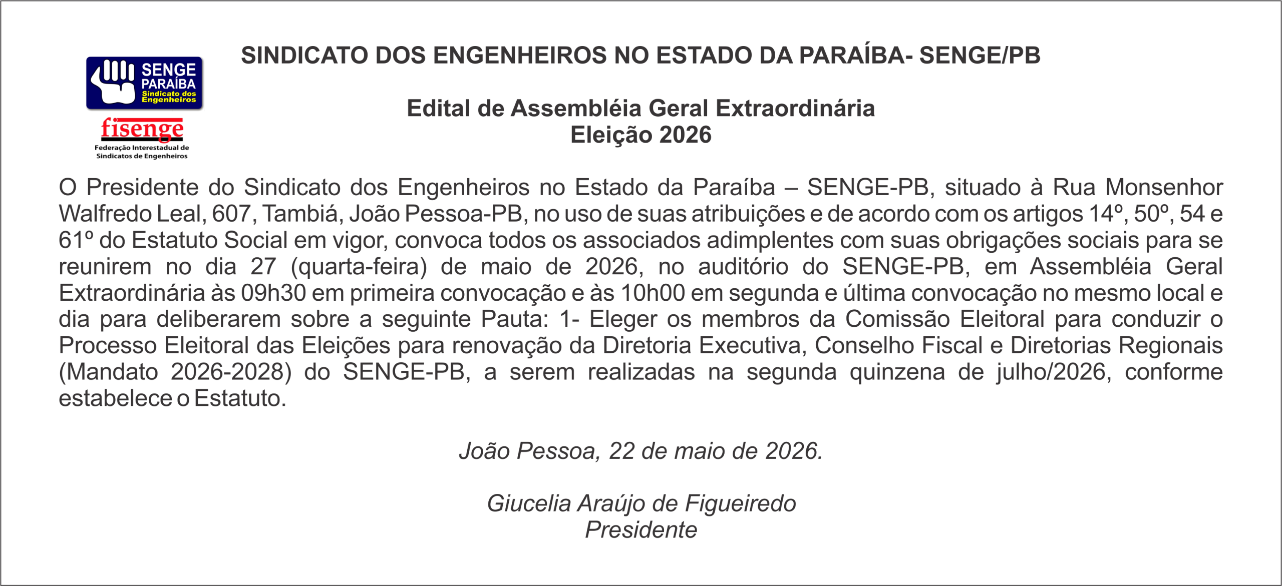 Sindicato dos Engenheiros no Estado da Paraíba – SENGE-PB -Edital de Assembleia Geral Extraordinária Eleição 2026