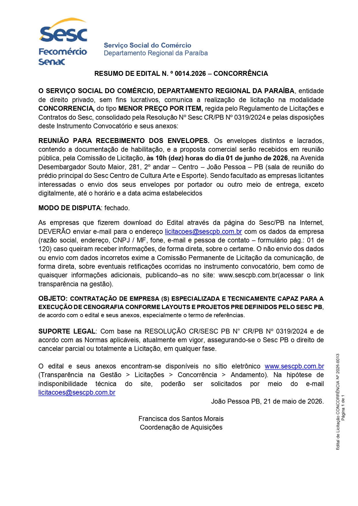 SESC – RESUMO DE EDITAL N. º 0014.2026 – CONCORRÊNCIA