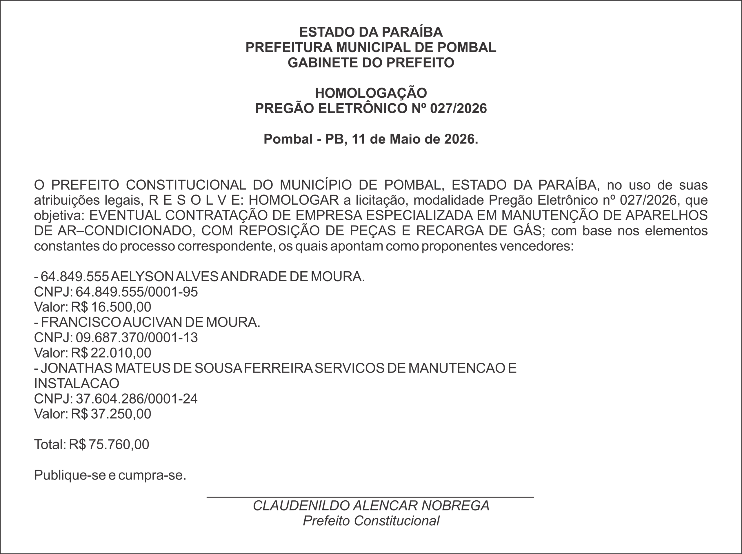 PREFEITURA MUNICIPAL DE POMBAL –  HOMOLOGAÇÃO