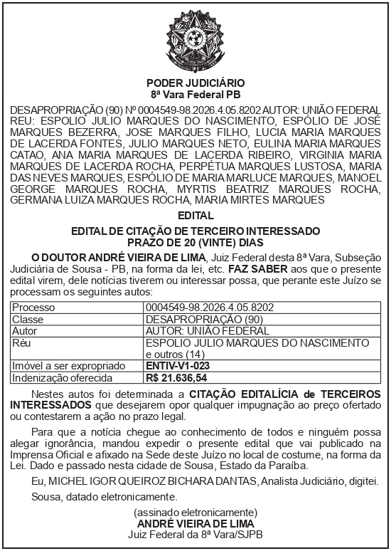 SECRETARIA NACIONAL DE SEGURANÇA HIDRICA – SNSH – MDR – DF – BRASÍLIA – Edital de Citação de Terceiro Interessado – ENTIV-V1-023 (ESPÓLIO DE JÚLIO MARQUES DO NASCIMENTO )