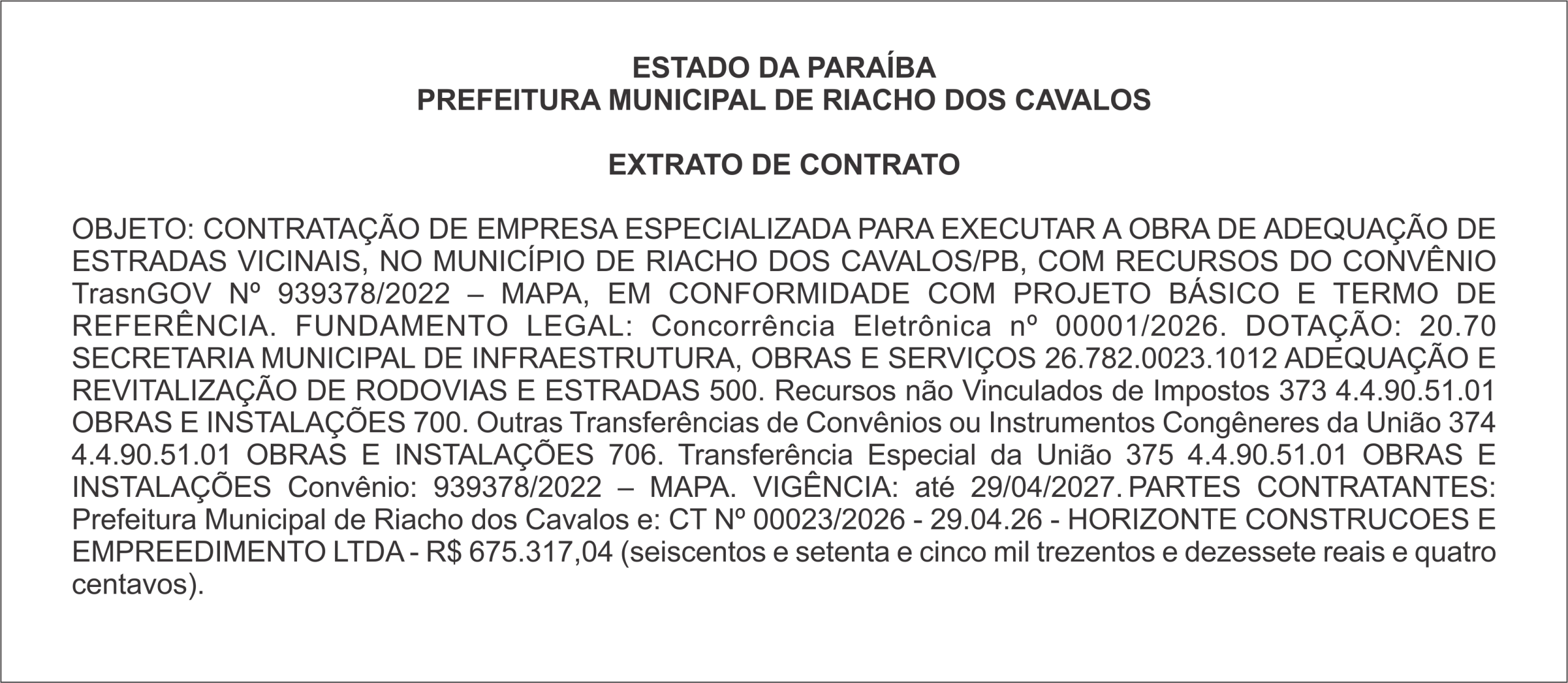 PREFEITURA MUNICIPAL DE RIACHO DOS CAVALOS – EXTRATO DE CONTRATO
